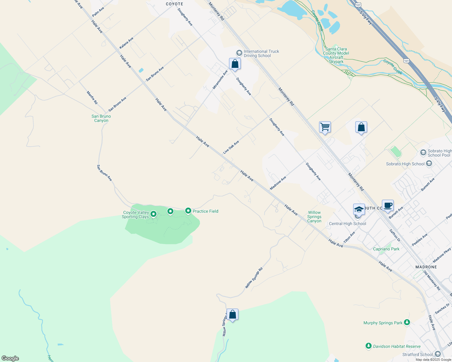 map of restaurants, bars, coffee shops, grocery stores, and more near 652 Hale Avenue in Morgan Hill