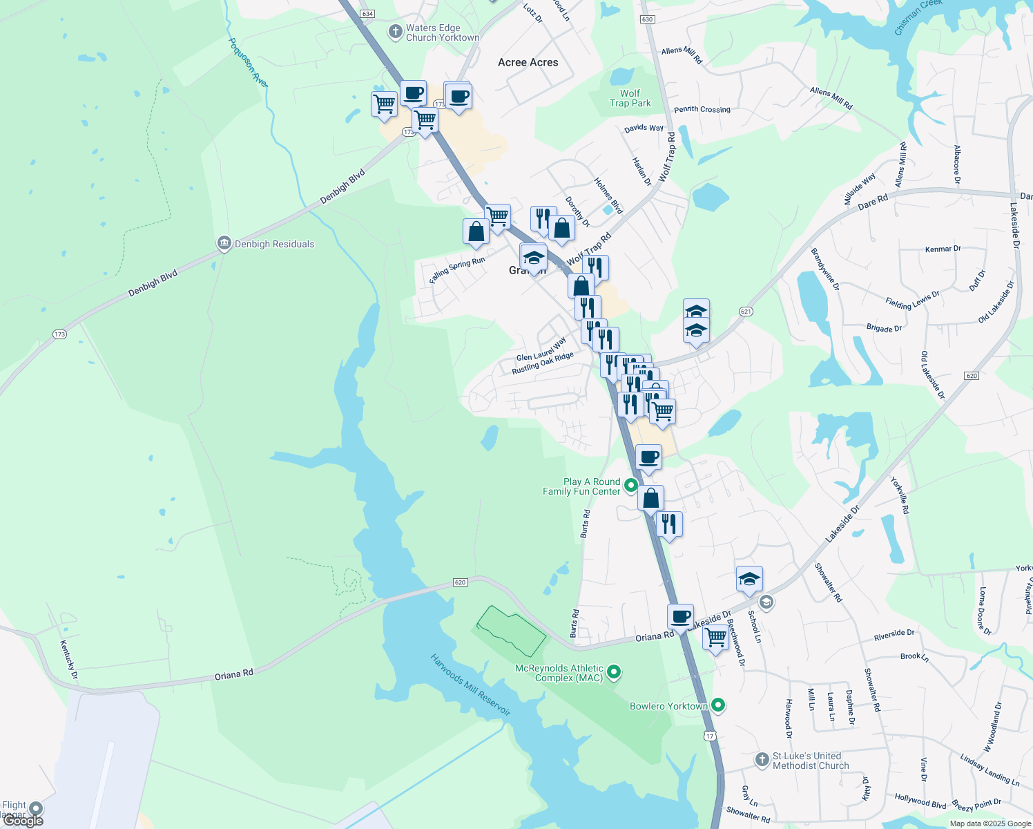 map of restaurants, bars, coffee shops, grocery stores, and more near 110 Wilderness View Road in Yorktown