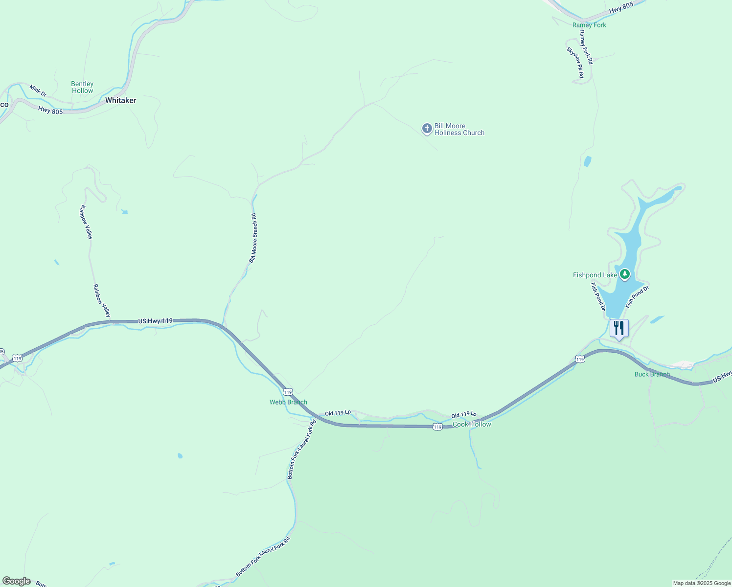 map of restaurants, bars, coffee shops, grocery stores, and more near Webb Branch Road in Jenkins