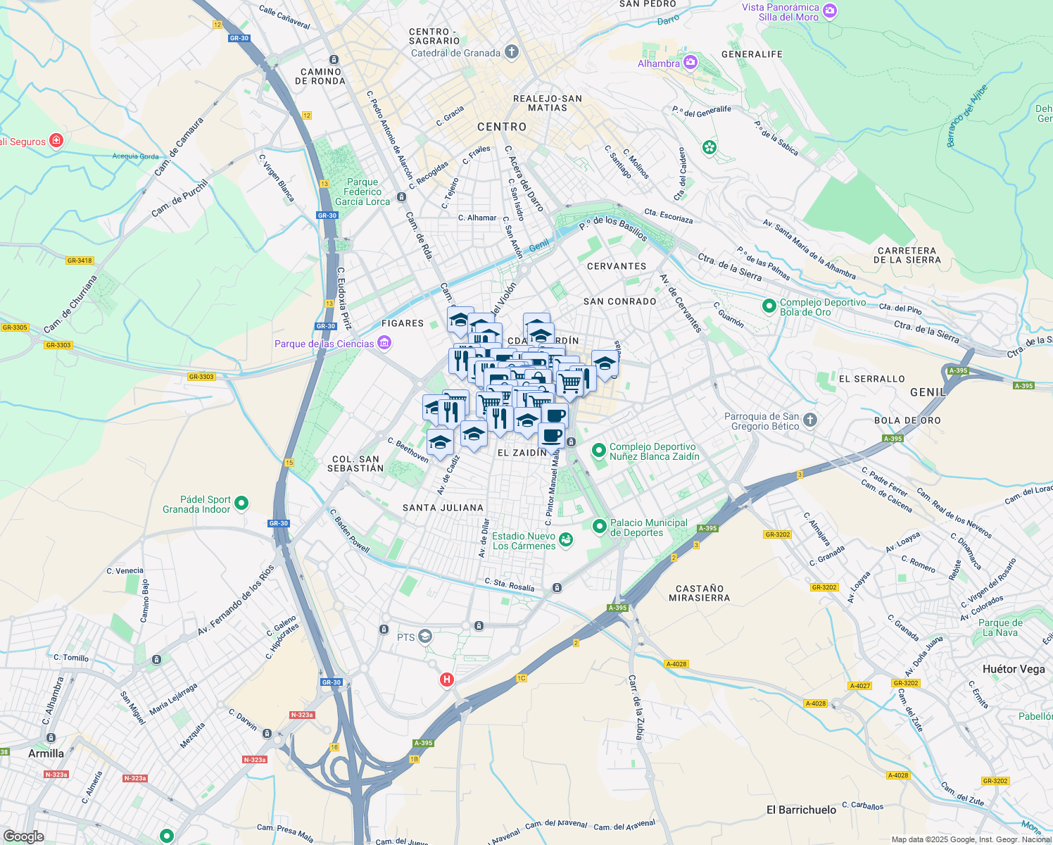 map of restaurants, bars, coffee shops, grocery stores, and more near 9 Calle Doña Rosita in Granada