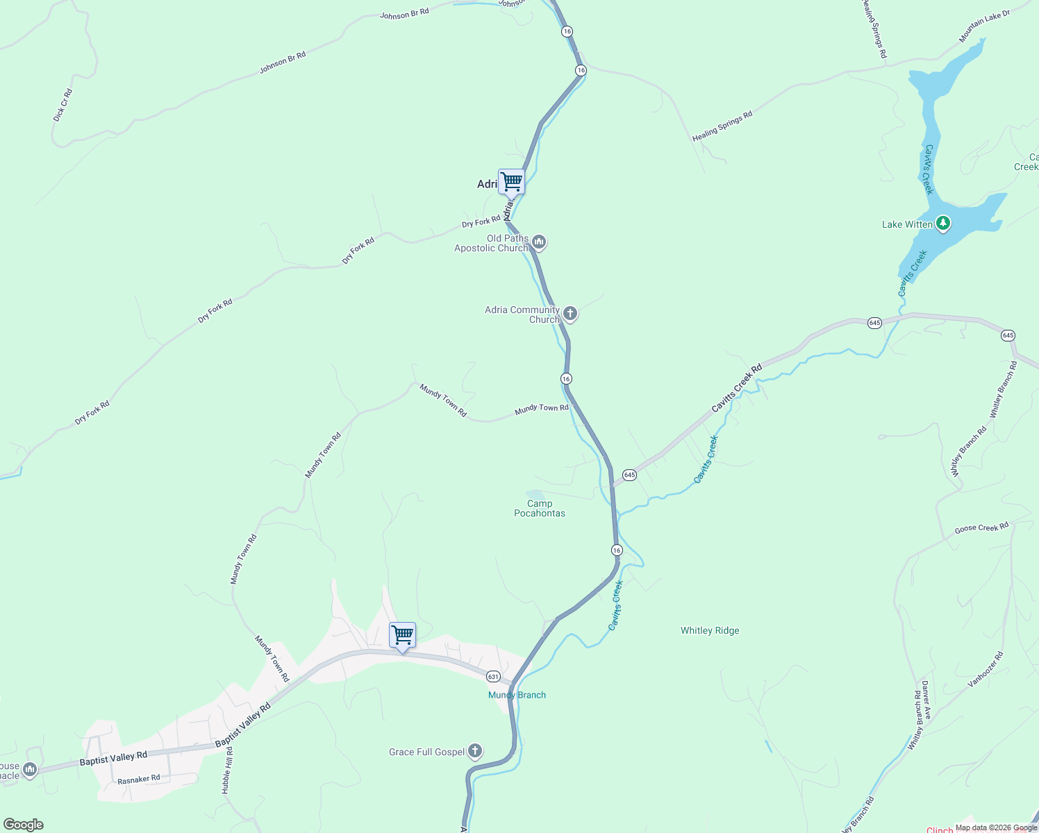 map of restaurants, bars, coffee shops, grocery stores, and more near 1598 Mundy Town Road in Tazewell County
