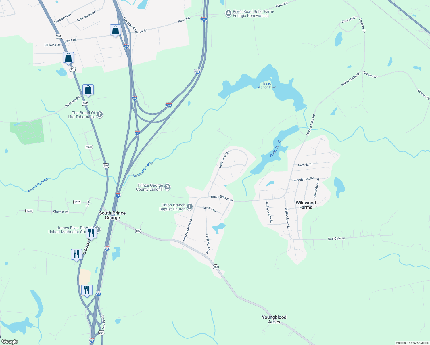 map of restaurants, bars, coffee shops, grocery stores, and more near 11340 Cedar Run Road in Petersburg