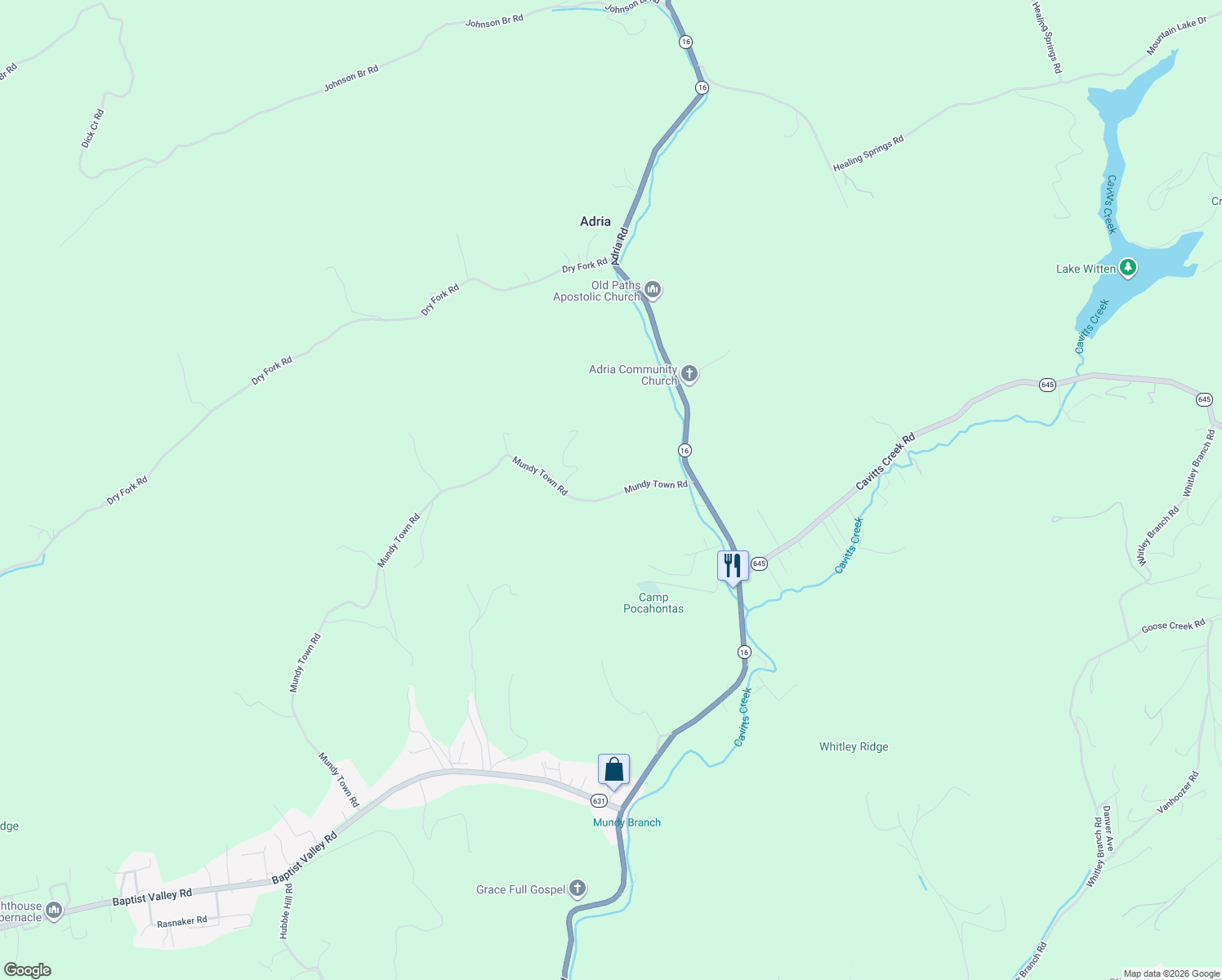 map of restaurants, bars, coffee shops, grocery stores, and more near 1598 Mundytown Road in Tazewell