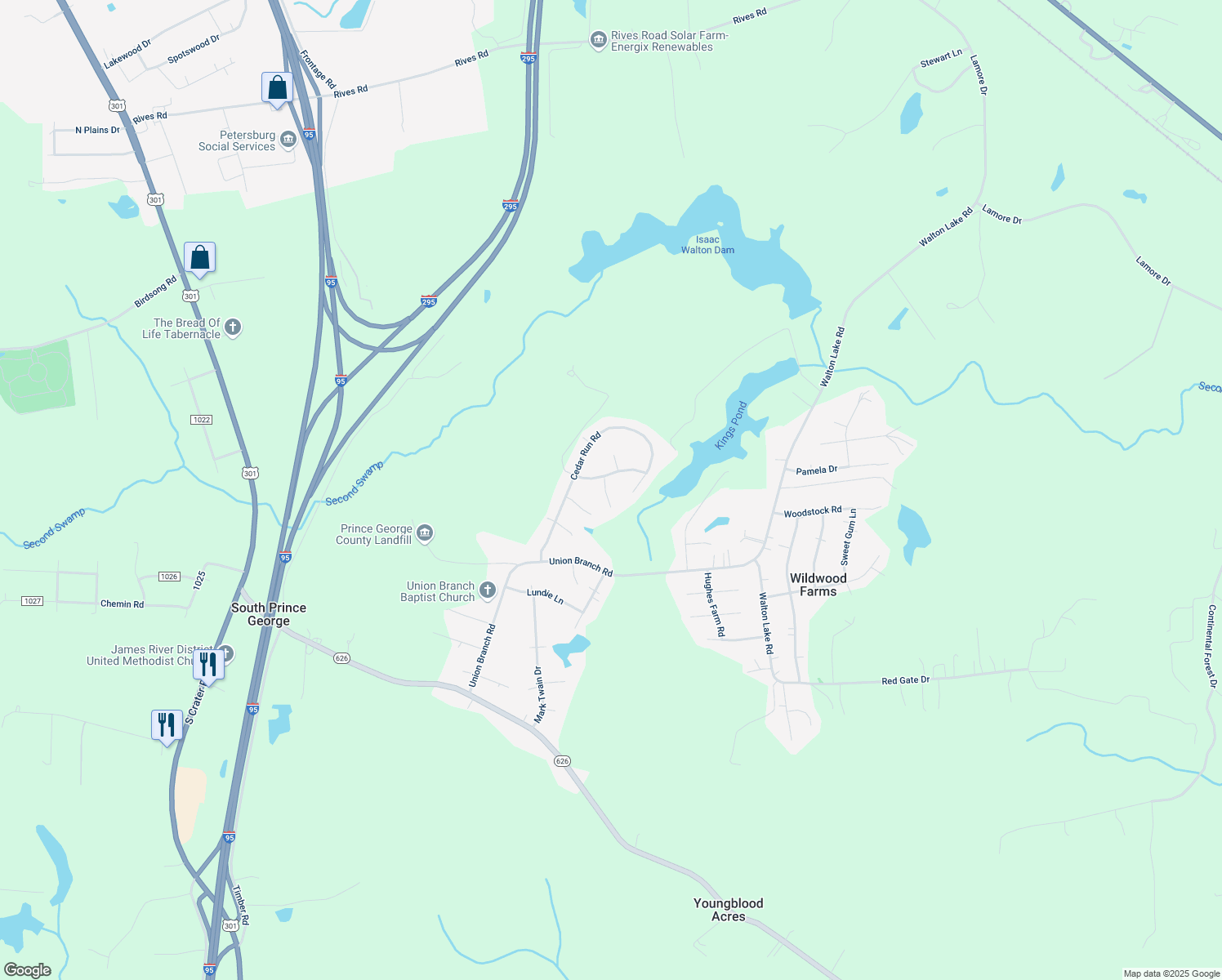 map of restaurants, bars, coffee shops, grocery stores, and more near 11106 Crystalwood Court in Petersburg