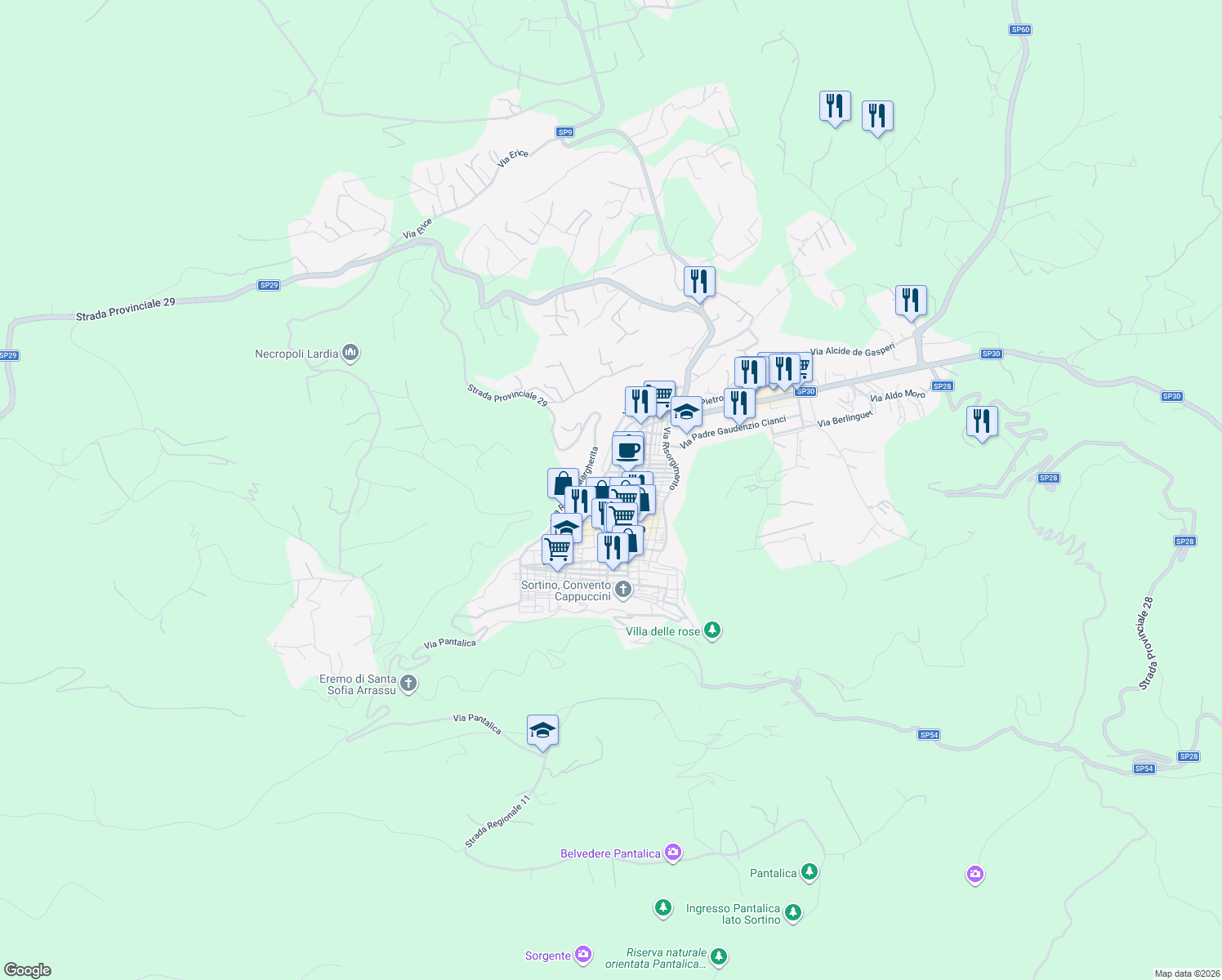 map of restaurants, bars, coffee shops, grocery stores, and more near 28F Via Pietro Gaetani in Sortino