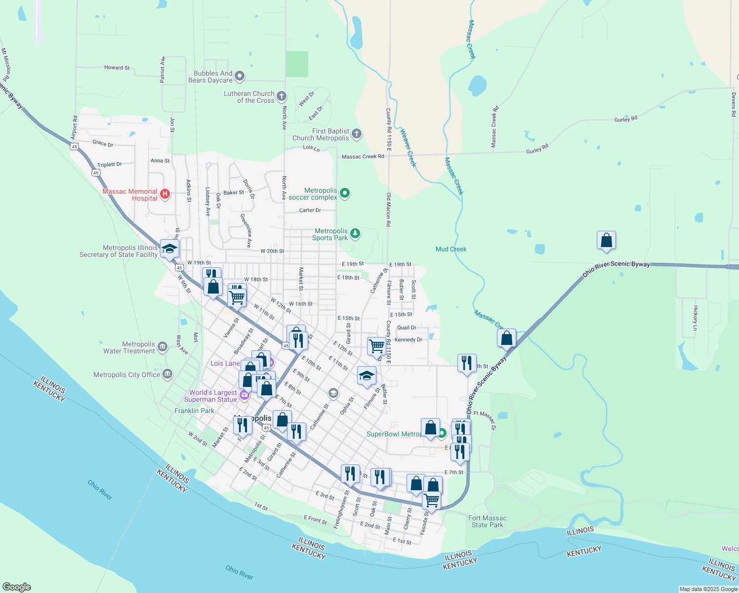 map of restaurants, bars, coffee shops, grocery stores, and more near 1699 Catherine St in Metropolis