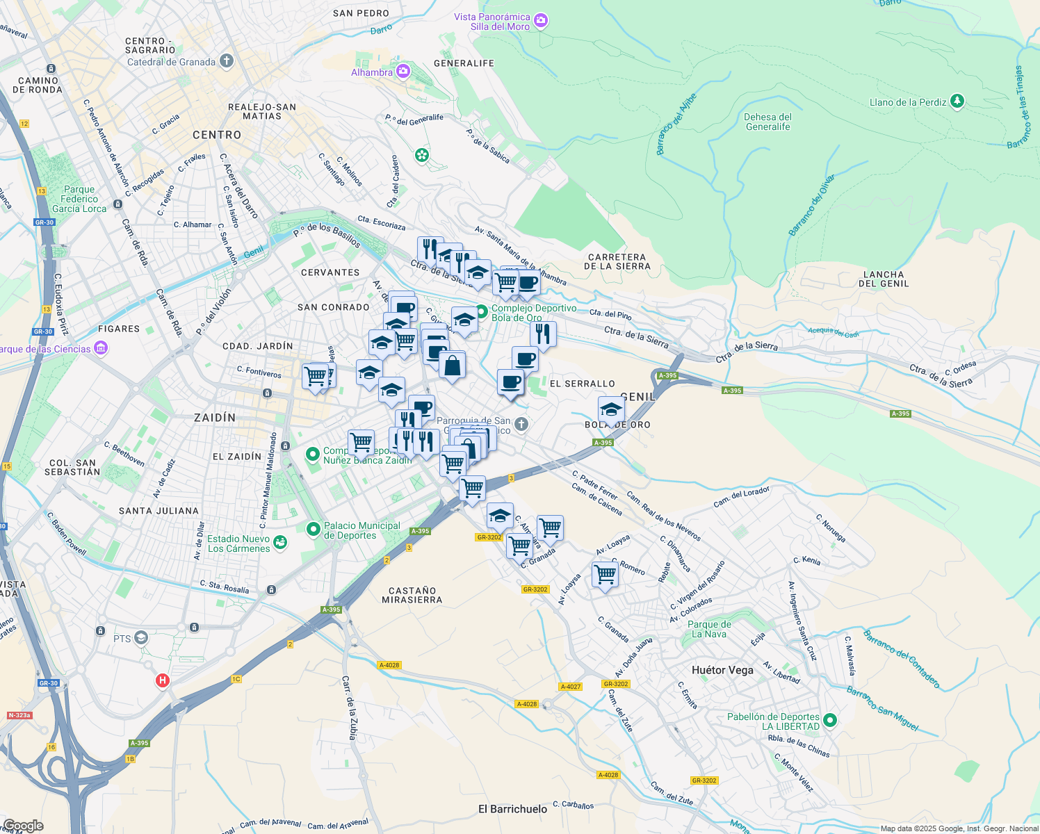 map of restaurants, bars, coffee shops, grocery stores, and more near 6 Calle Lavadero de la Reina in Granada