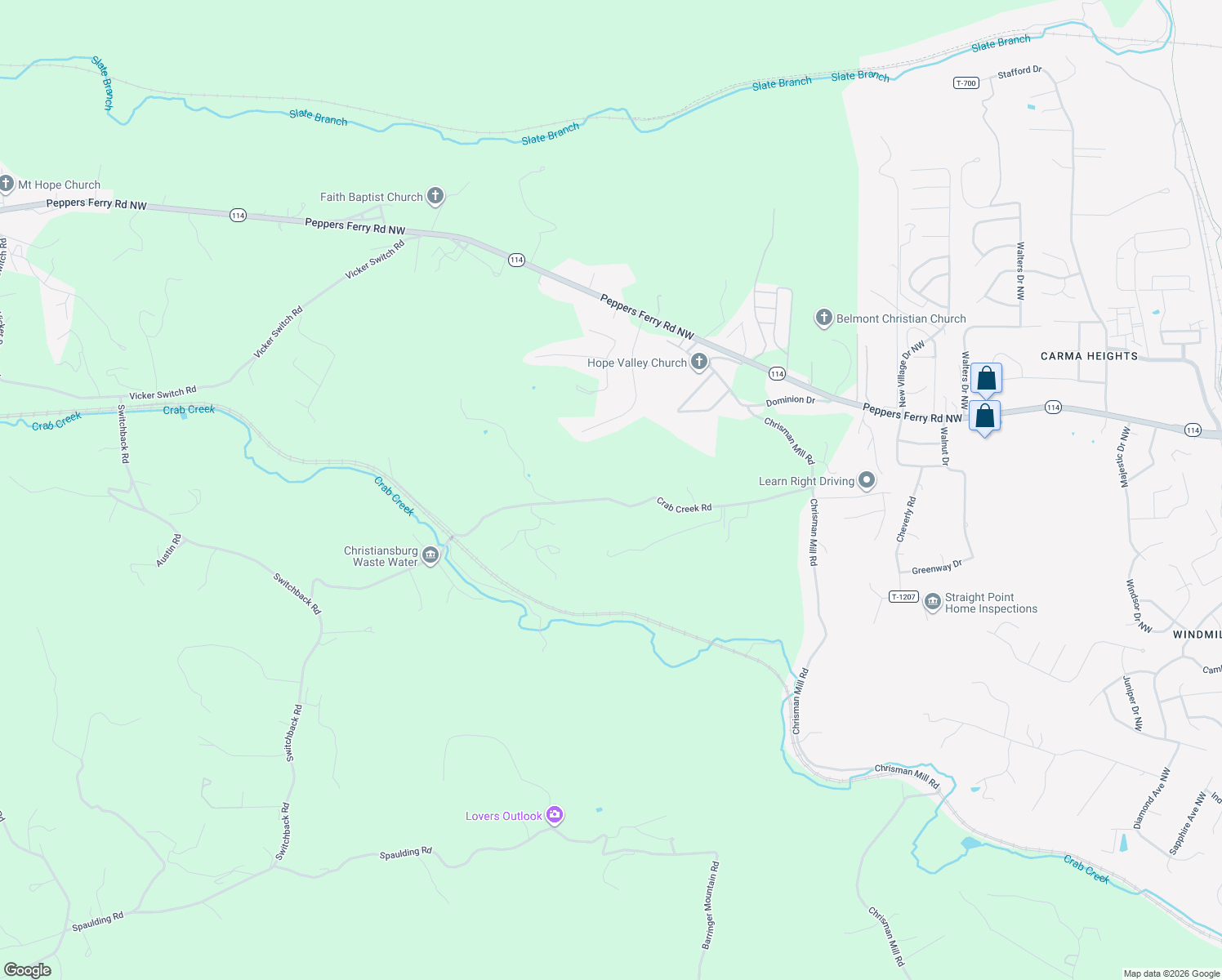 map of restaurants, bars, coffee shops, grocery stores, and more near 2218-2298 Crab Creek Road in Christiansburg