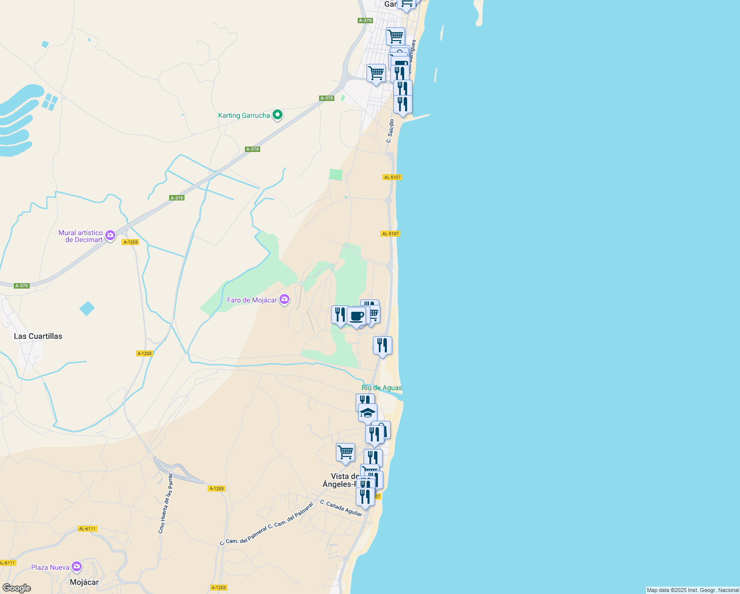 map of restaurants, bars, coffee shops, grocery stores, and more near 2 Plaza de Europa in Mojácar