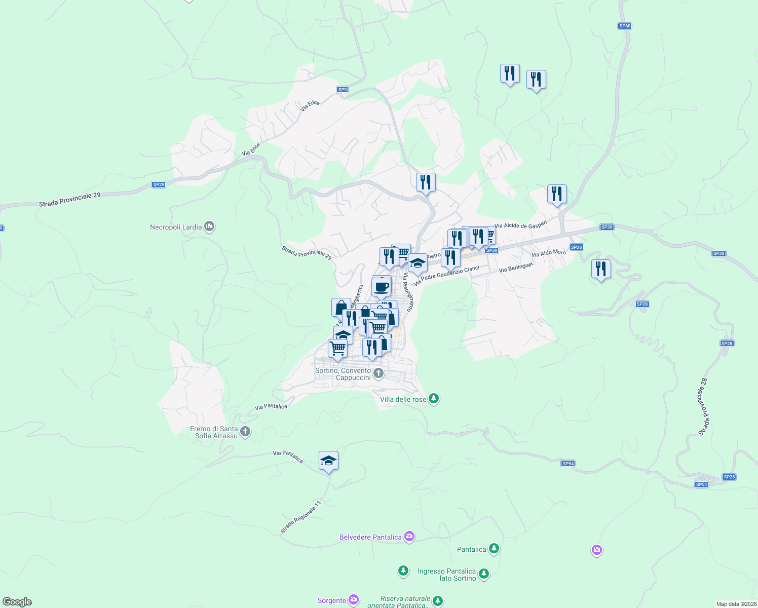 map of restaurants, bars, coffee shops, grocery stores, and more near 28F Via Pietro Gaetani in Sortino
