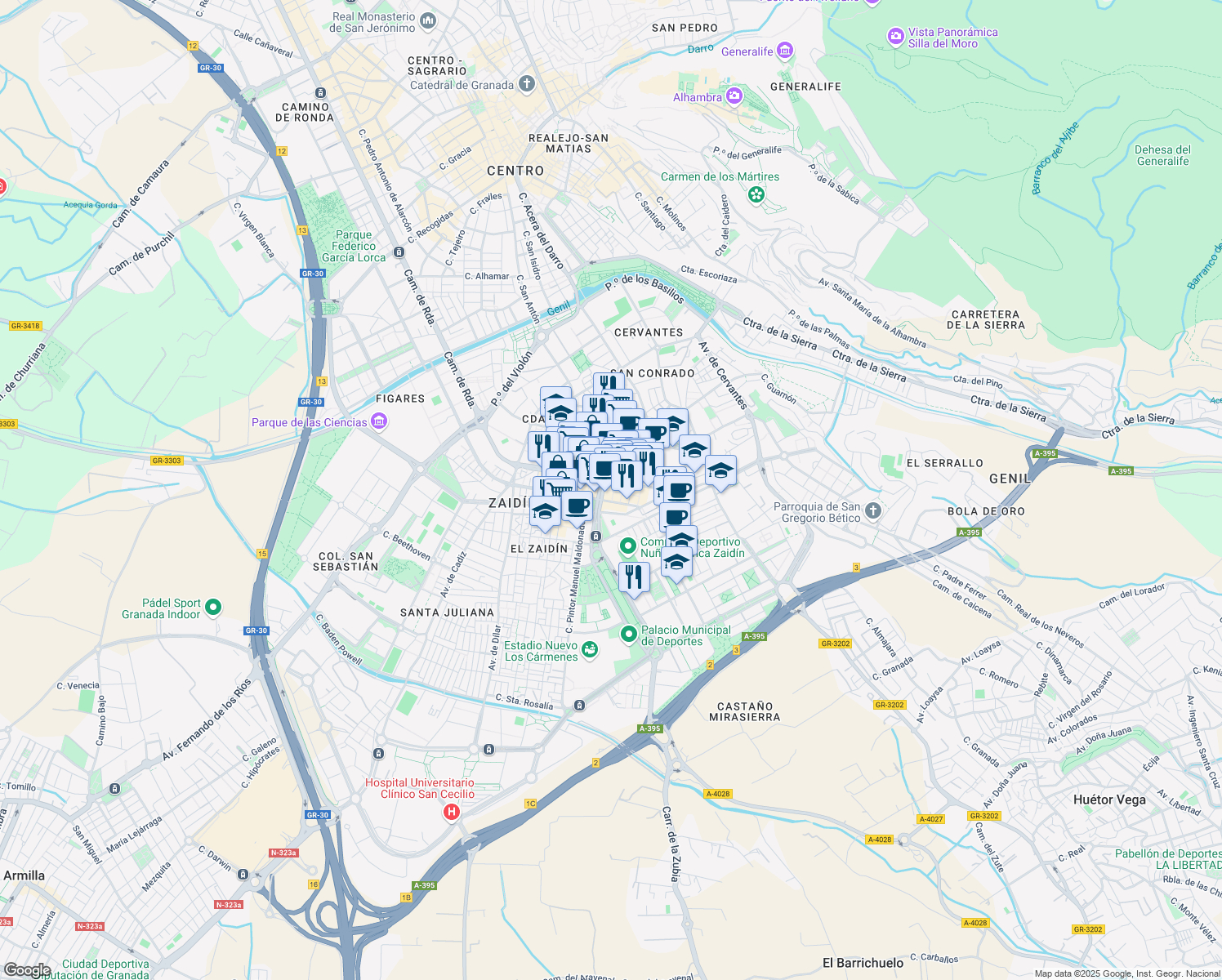 map of restaurants, bars, coffee shops, grocery stores, and more near 26B Calle Palencia in Granada