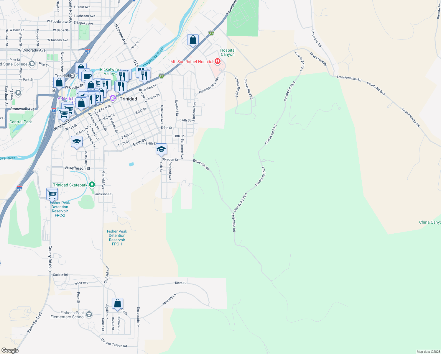 map of restaurants, bars, coffee shops, grocery stores, and more near Diamond View in Trinidad