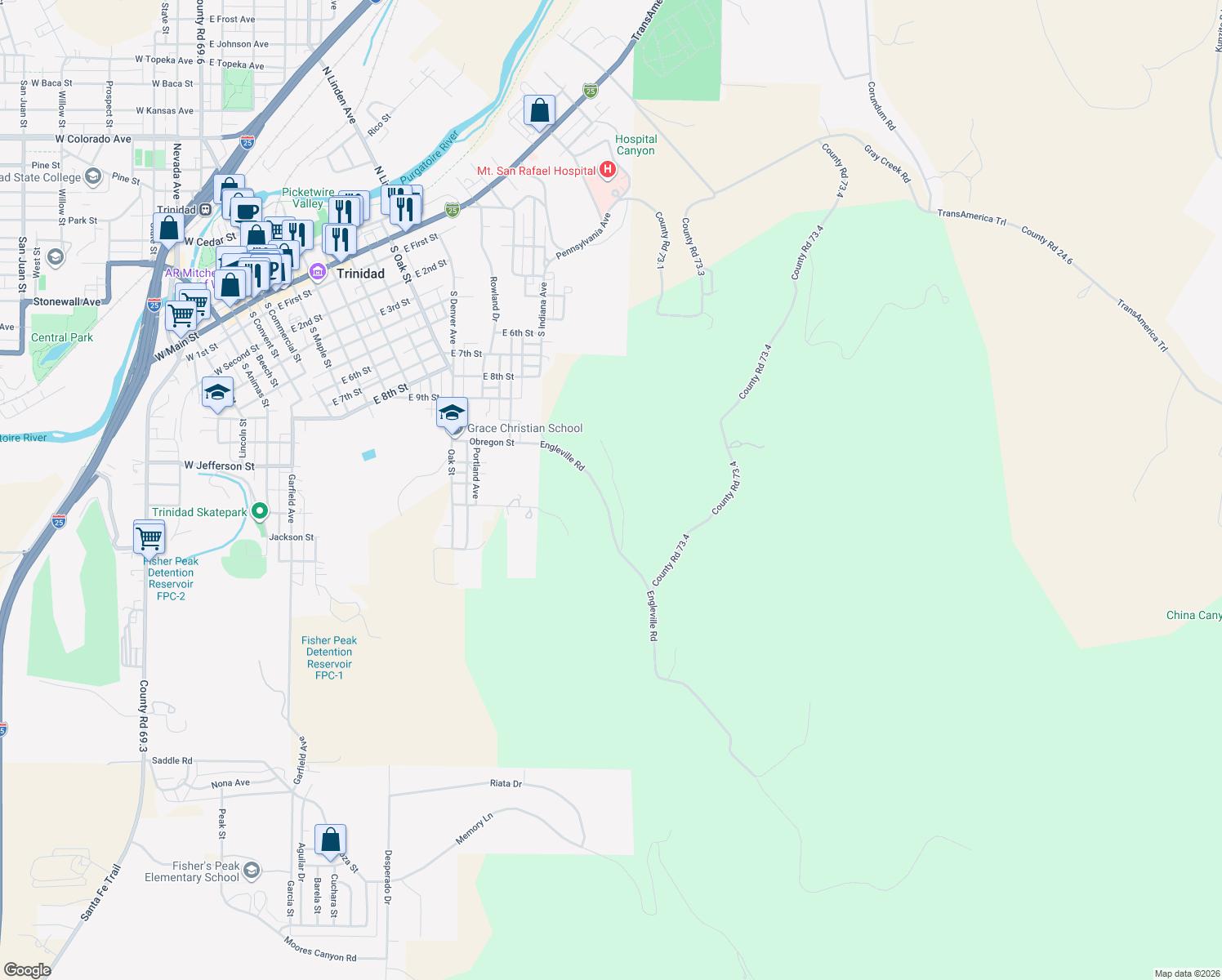 map of restaurants, bars, coffee shops, grocery stores, and more near Diamond View in Trinidad