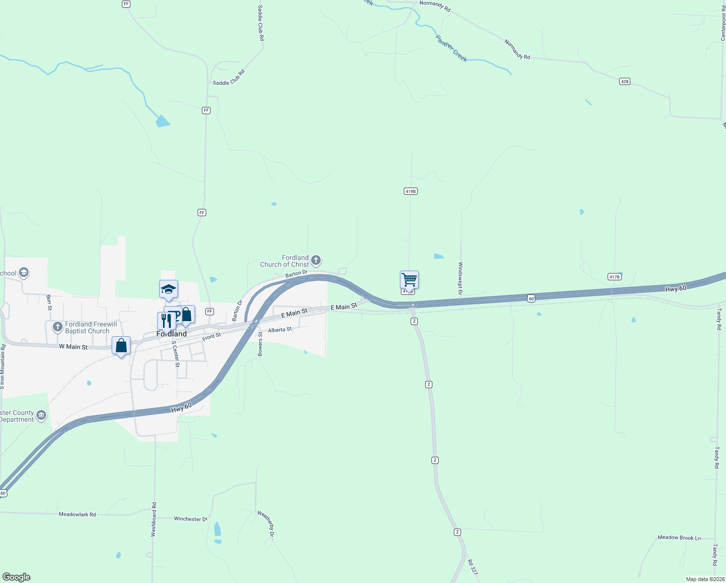 map of restaurants, bars, coffee shops, grocery stores, and more near U.S. 60 in Fordland