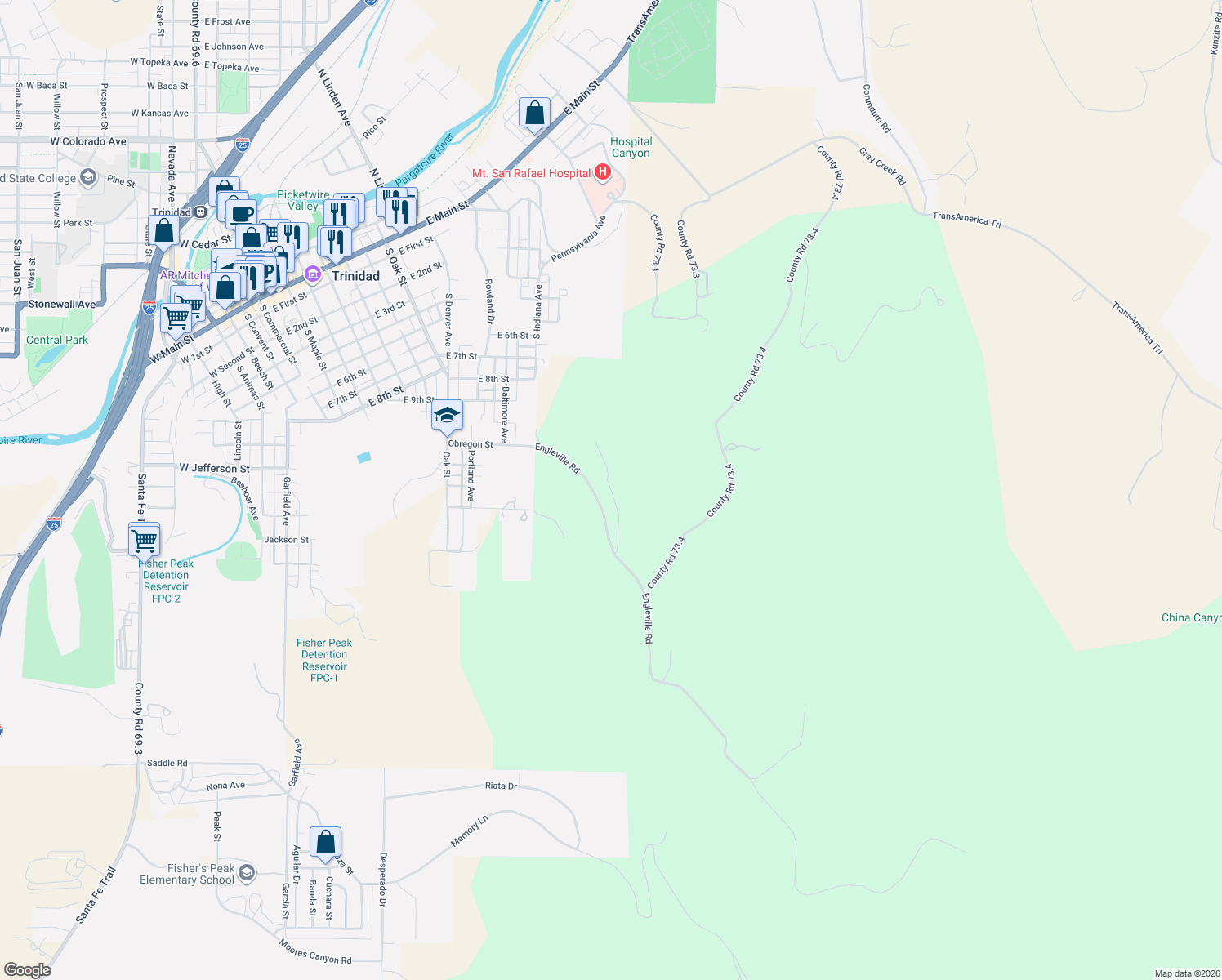 map of restaurants, bars, coffee shops, grocery stores, and more near Diamond View in Trinidad