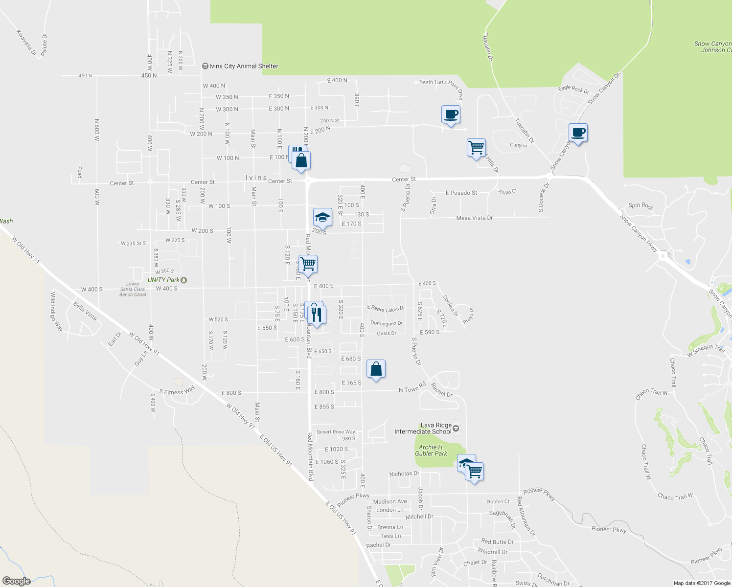 map of restaurants, bars, coffee shops, grocery stores, and more near 411 East Majestic Drive in Ivins