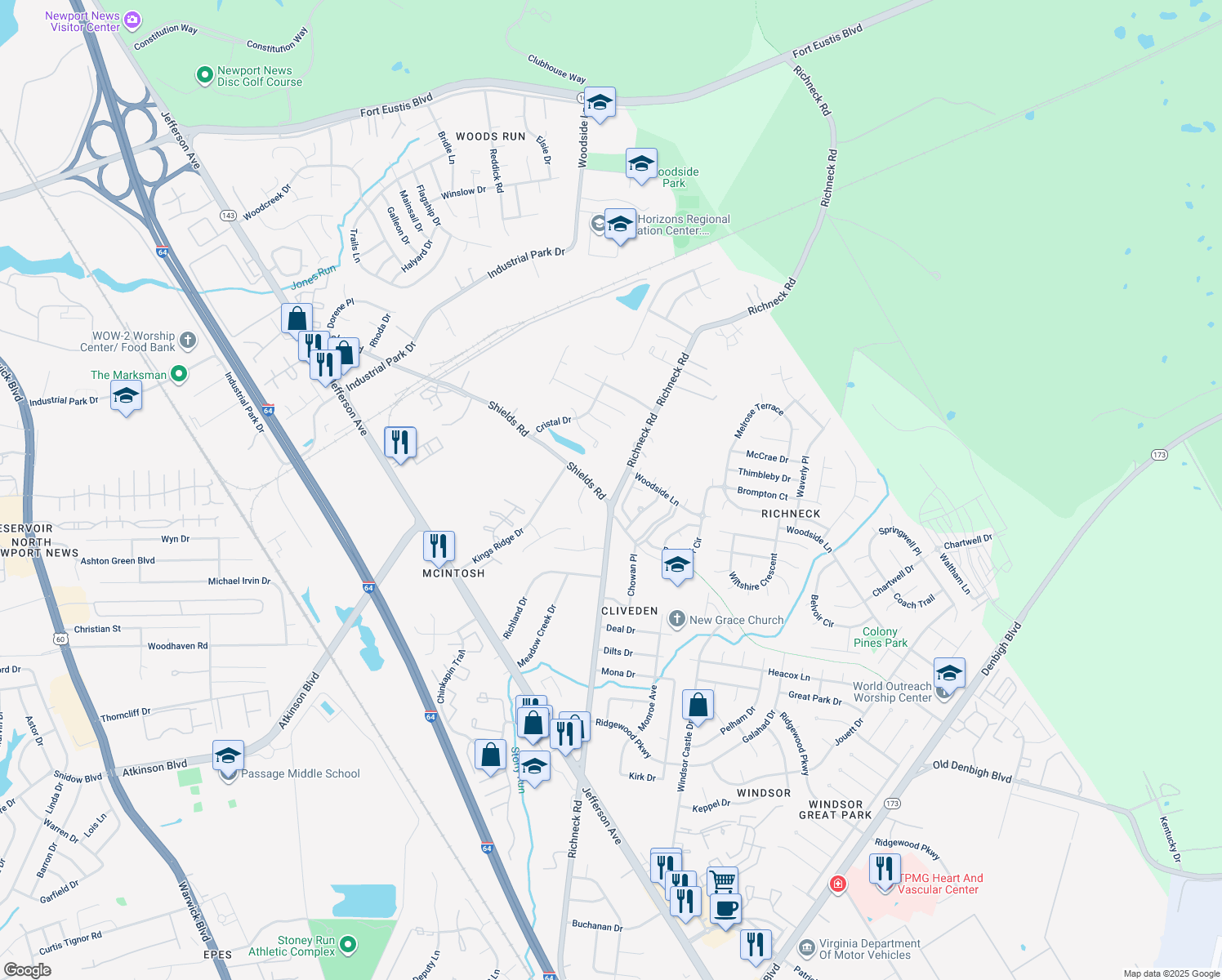 map of restaurants, bars, coffee shops, grocery stores, and more near 403 Richneck Rd in Newport News