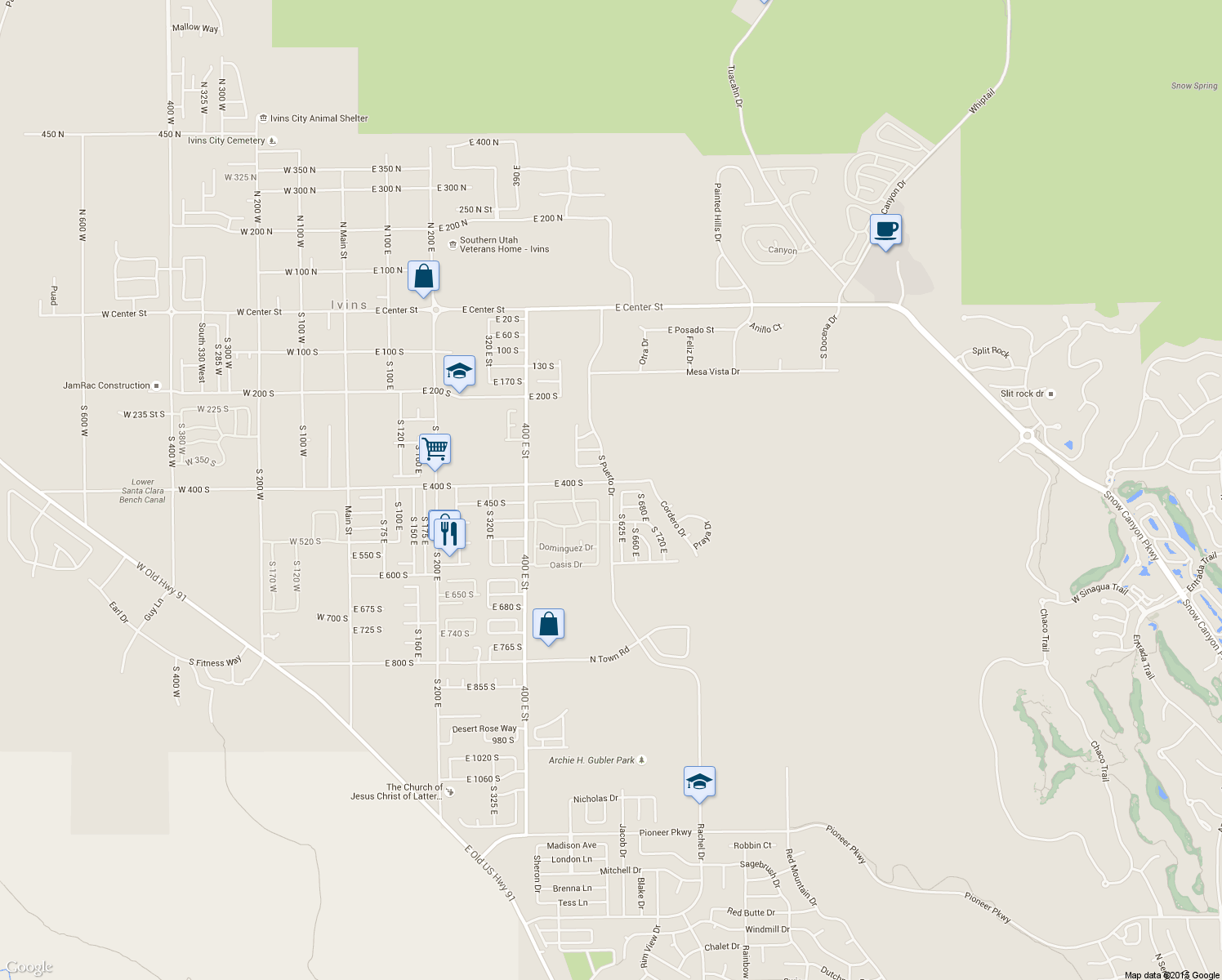 map of restaurants, bars, coffee shops, grocery stores, and more near 420 South Puerto Drive in Ivins