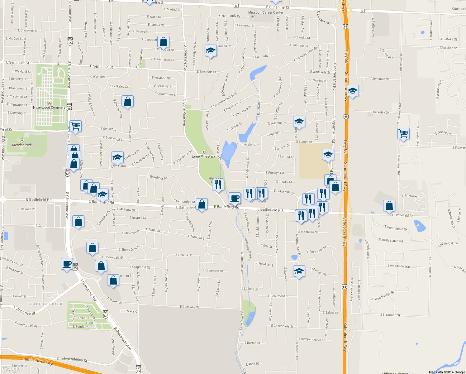 map of restaurants, bars, coffee shops, grocery stores, and more near 2807 East Ridgeview Circle in Springfield