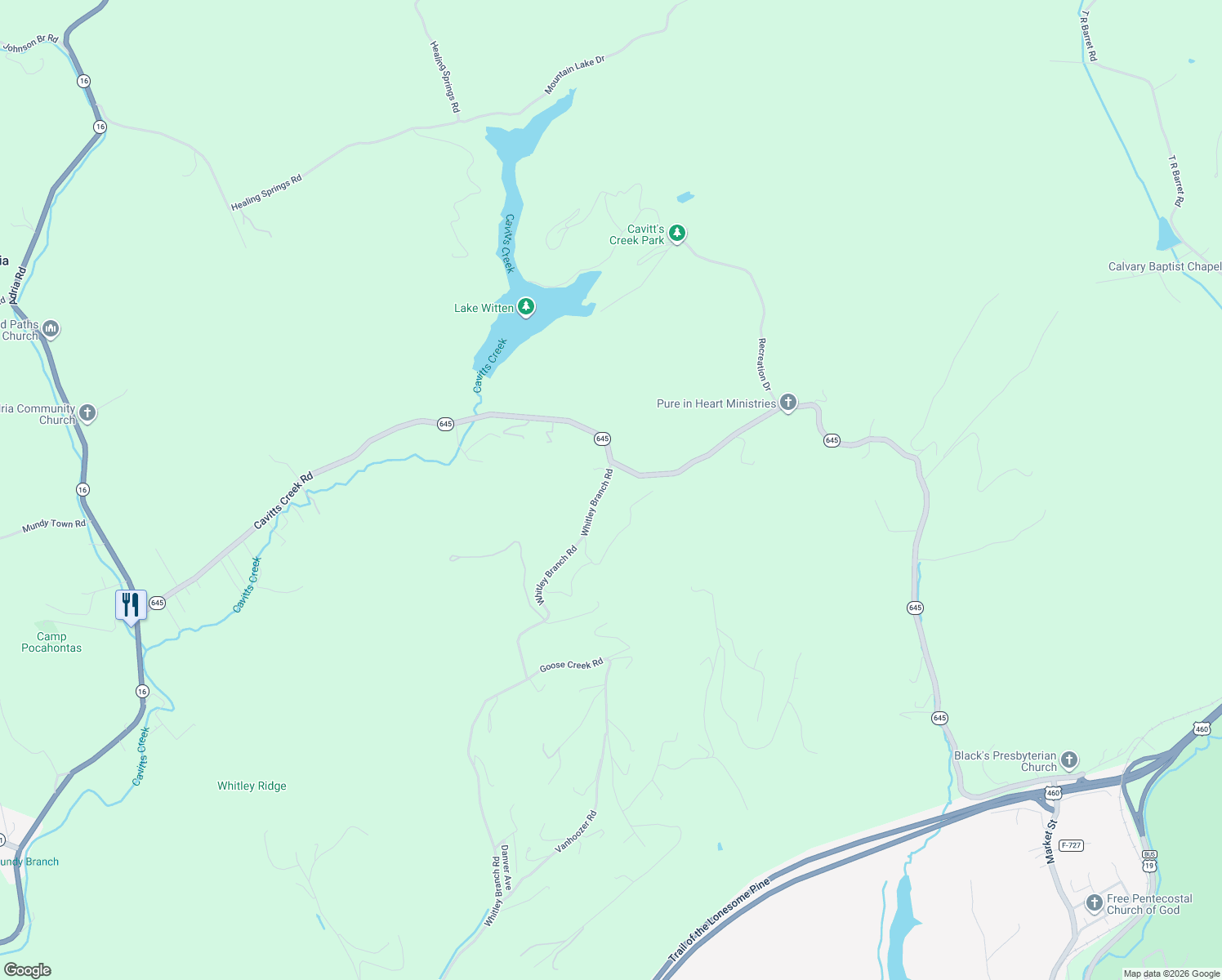 map of restaurants, bars, coffee shops, grocery stores, and more near 2256 Whitley Branch Road in Tazewell County