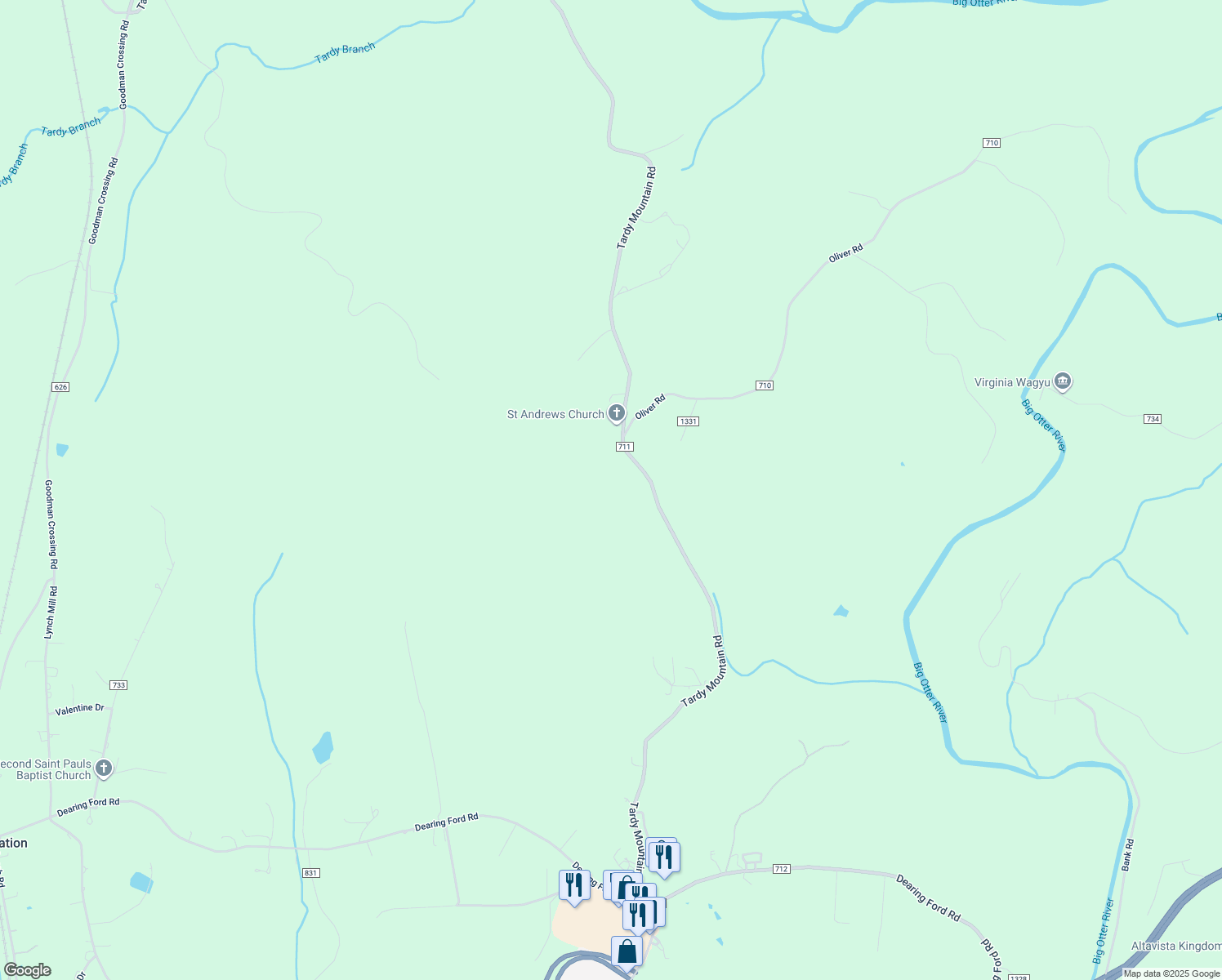 map of restaurants, bars, coffee shops, grocery stores, and more near 1456 Tardy Mountain Road in Altavista