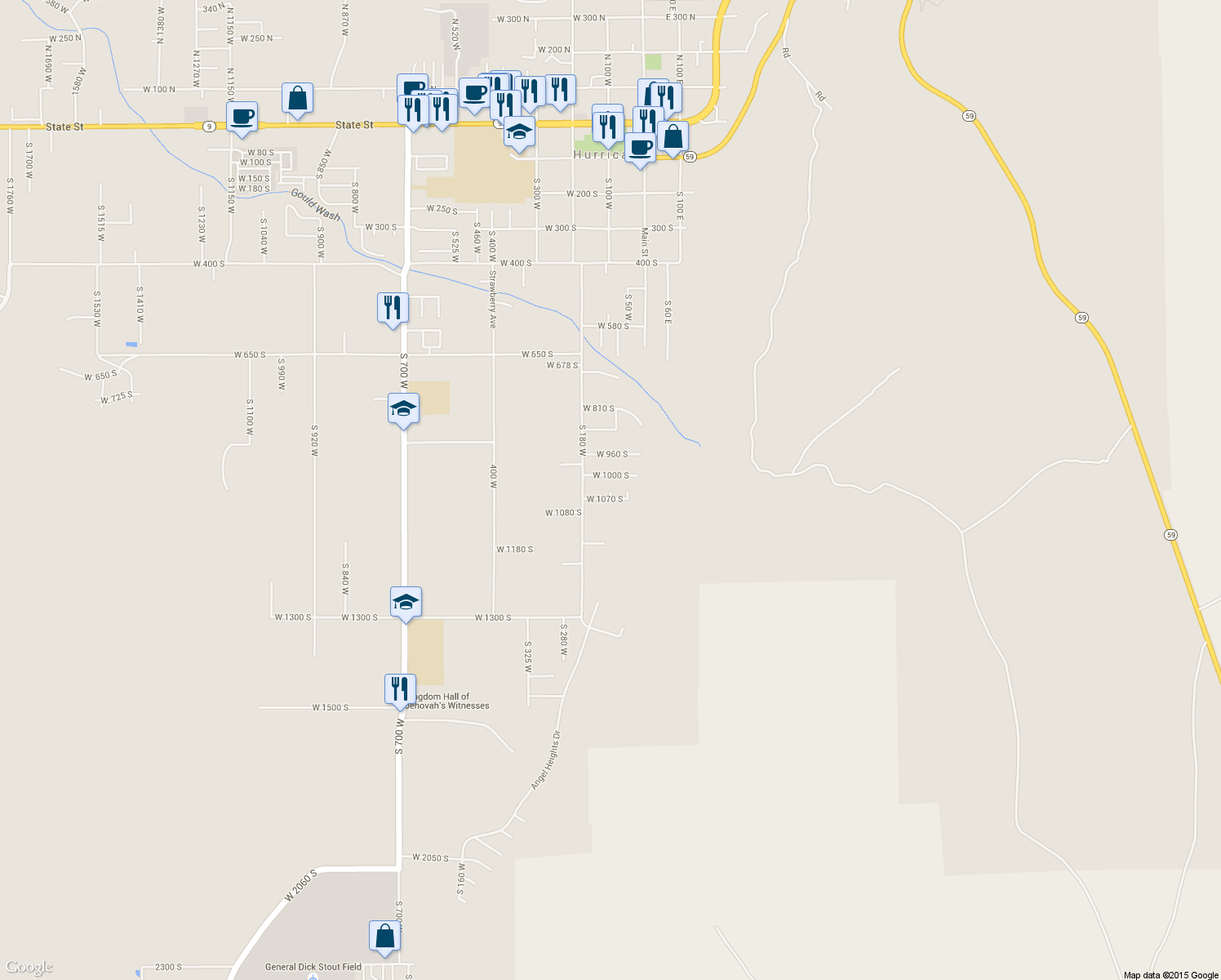 map of restaurants, bars, coffee shops, grocery stores, and more near 1191 South 100 West in Hurricane