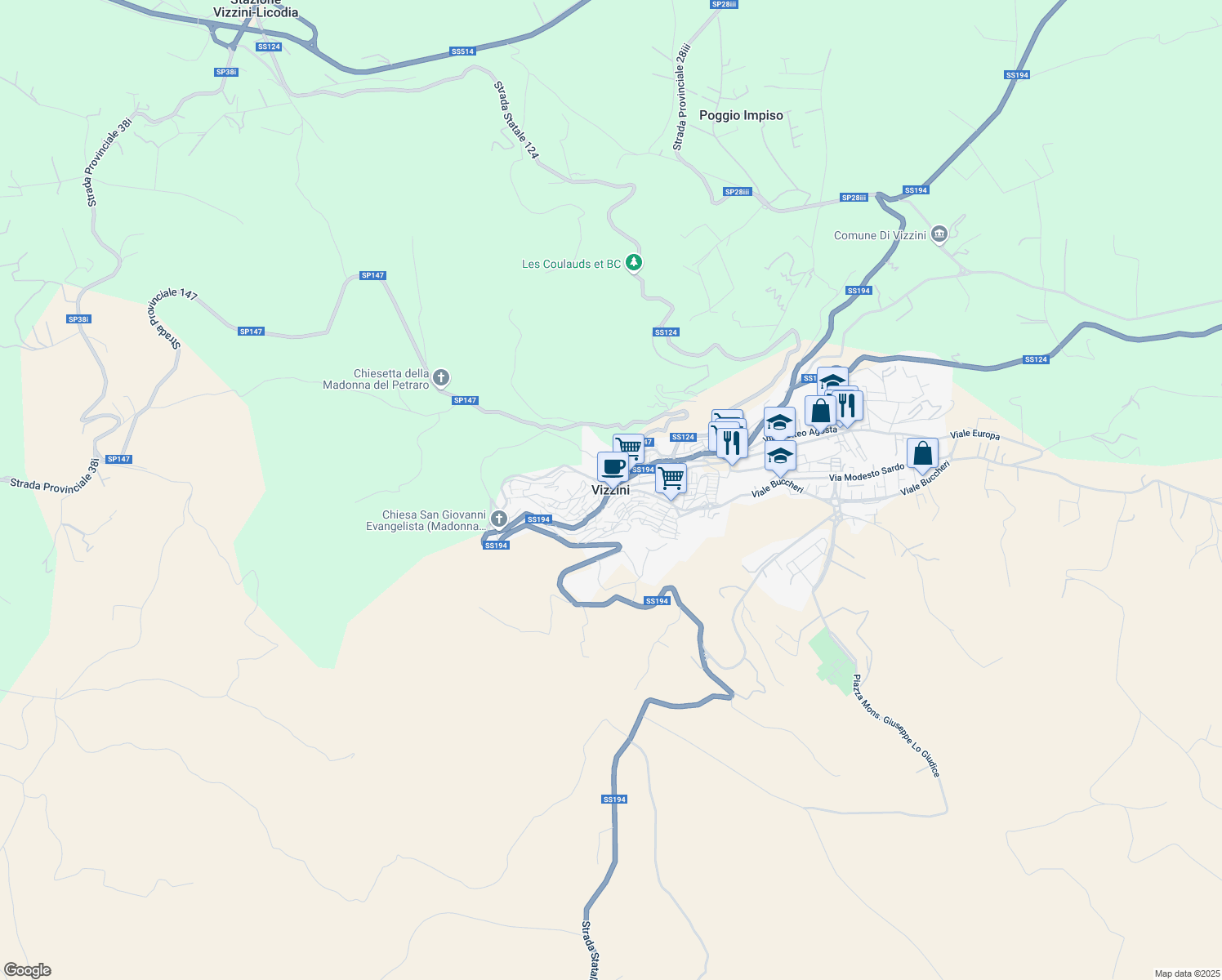 map of restaurants, bars, coffee shops, grocery stores, and more near in Vizzini