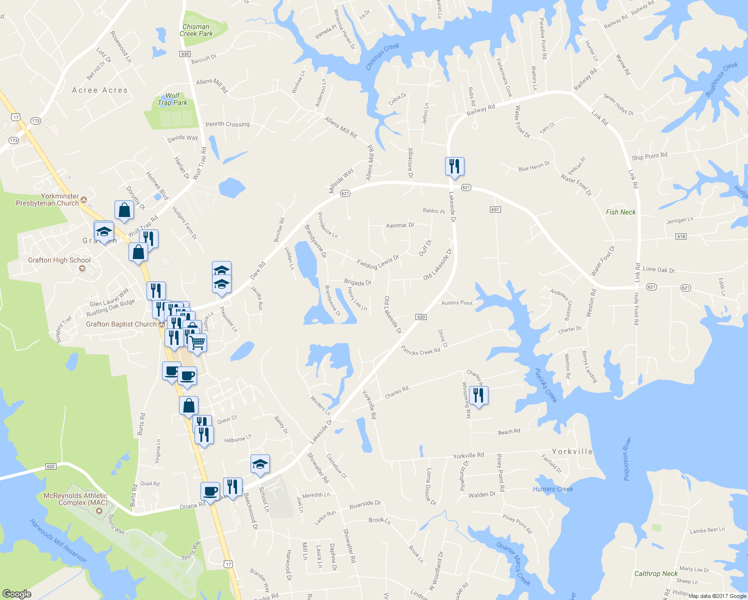 map of restaurants, bars, coffee shops, grocery stores, and more near 402 Gaines Way in Yorktown
