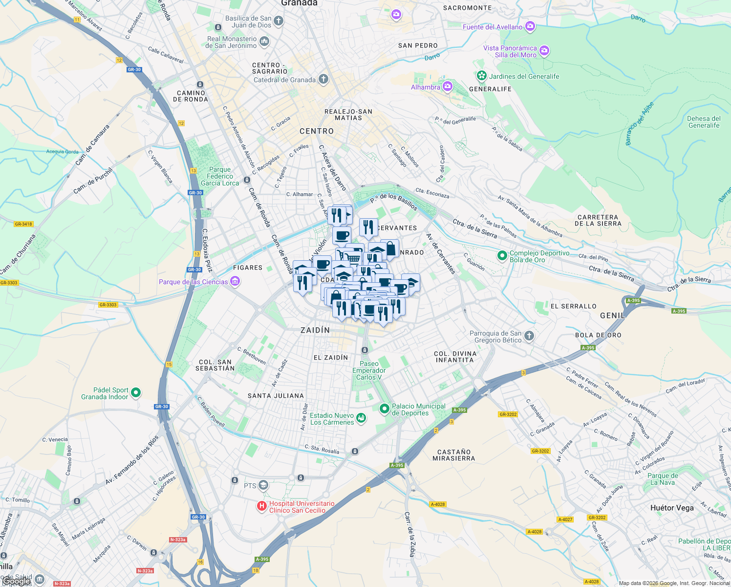 map of restaurants, bars, coffee shops, grocery stores, and more near 120 Pasaje de Lirios in Granada