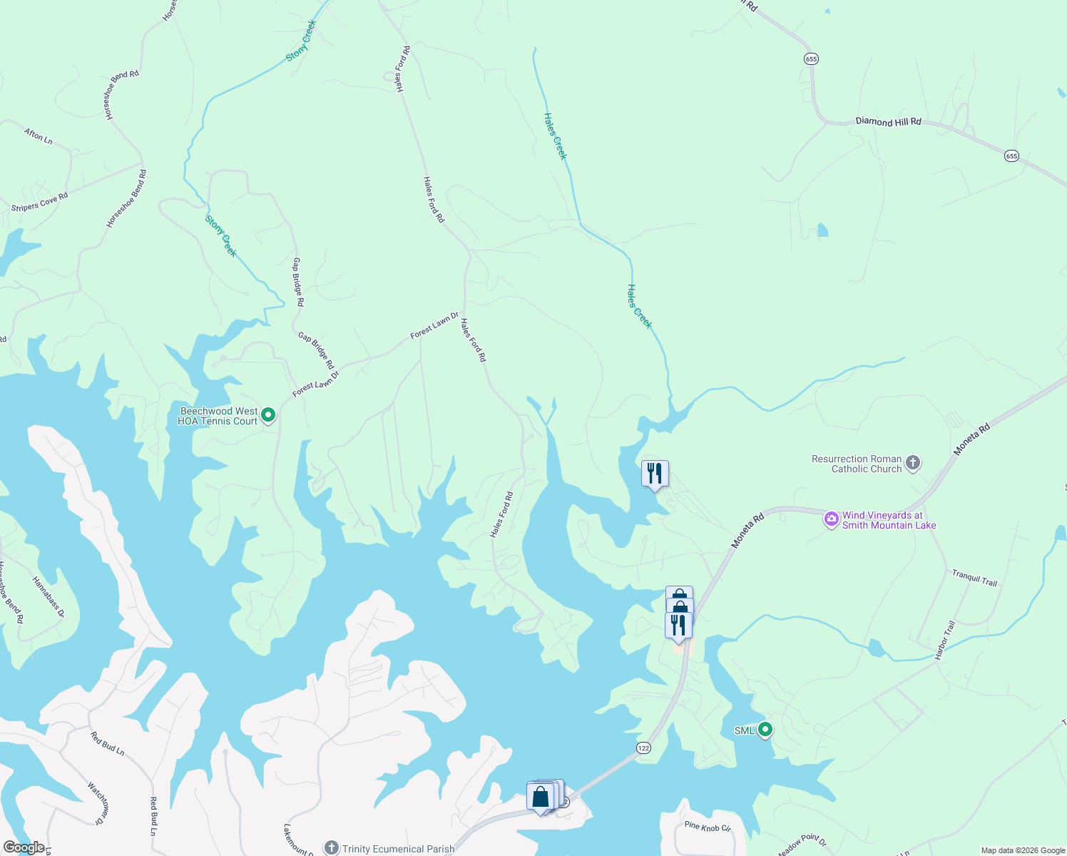 map of restaurants, bars, coffee shops, grocery stores, and more near 1093 Coveside Circle in Moneta