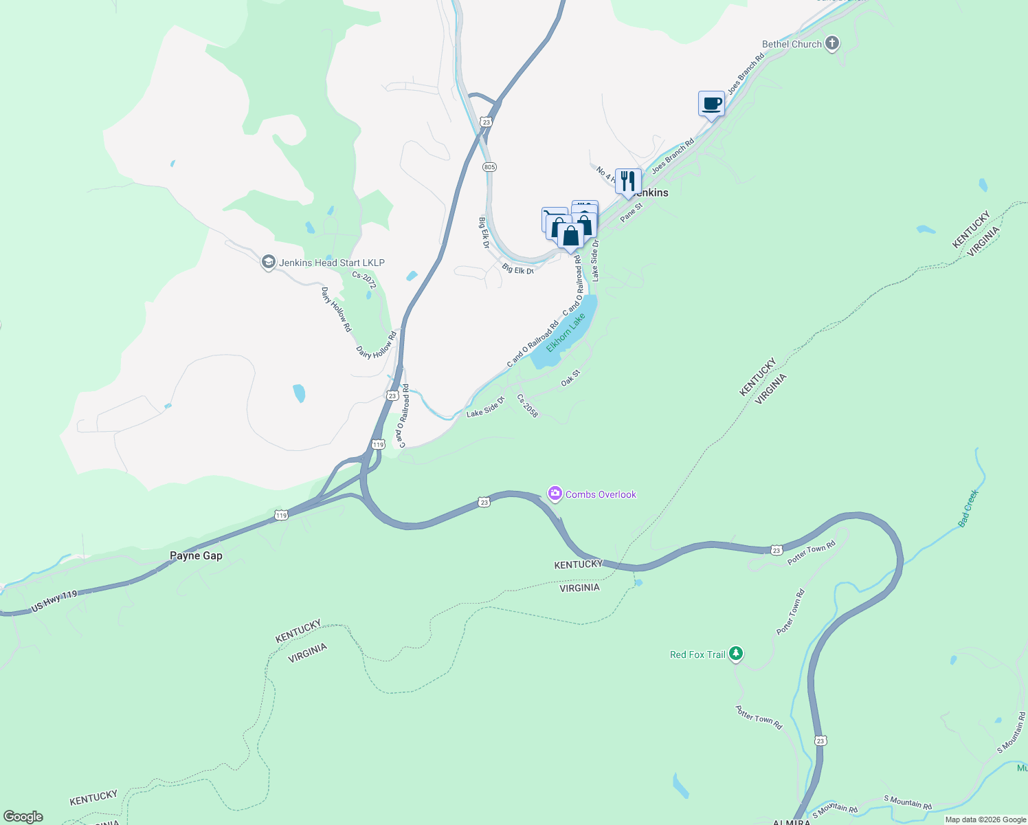 map of restaurants, bars, coffee shops, grocery stores, and more near 58 Anderson Drive in Jenkins