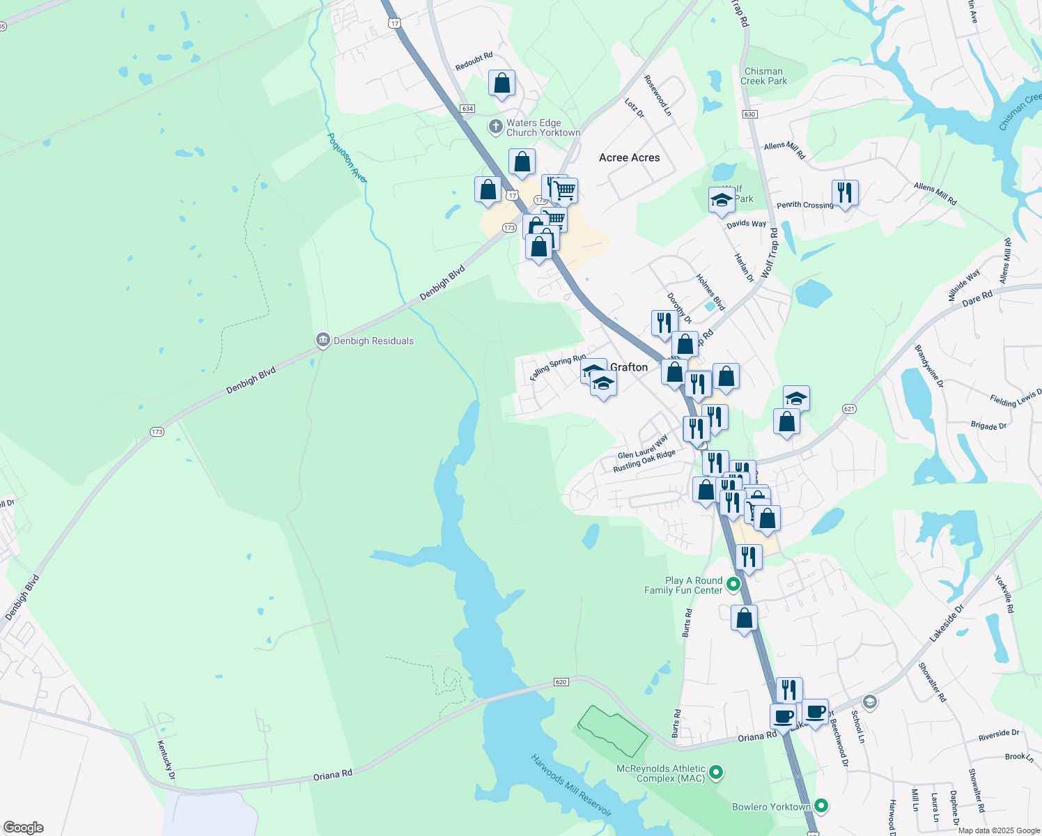 map of restaurants, bars, coffee shops, grocery stores, and more near 123 2 Turkey Run in Yorktown