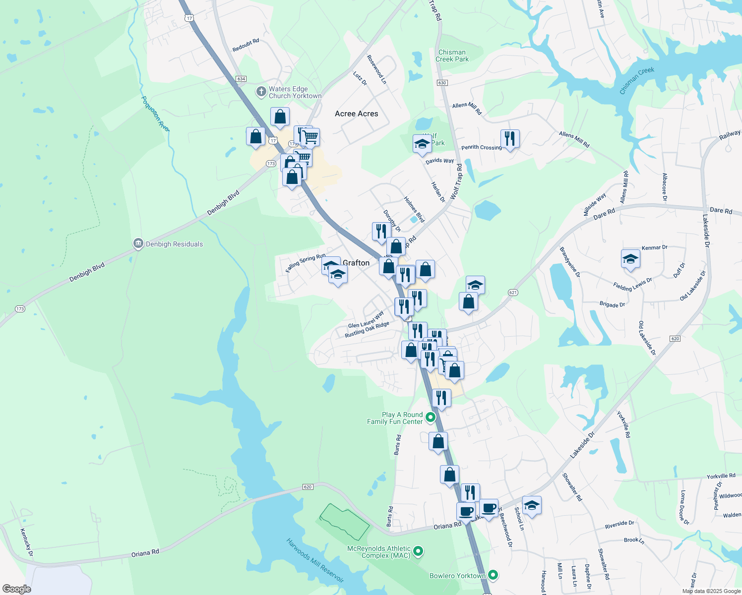 map of restaurants, bars, coffee shops, grocery stores, and more near 139 Wainwrights Bend in Yorktown