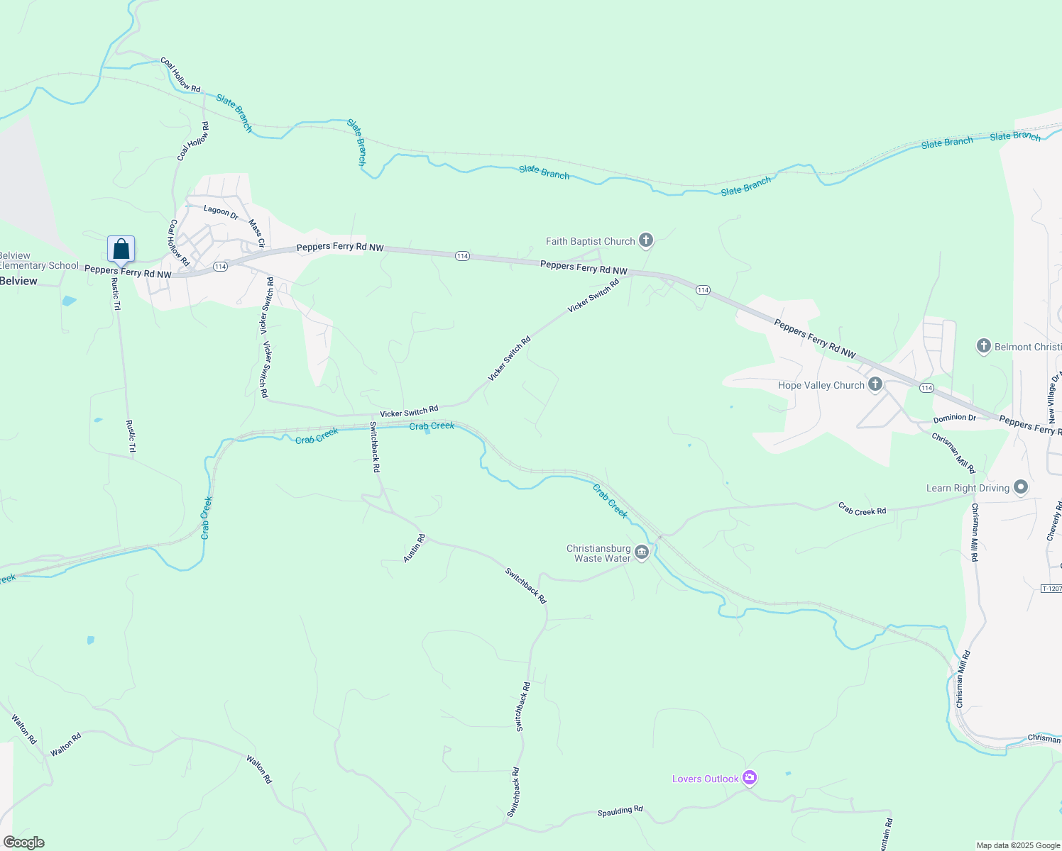 map of restaurants, bars, coffee shops, grocery stores, and more near 284 Easy Street in Christiansburg
