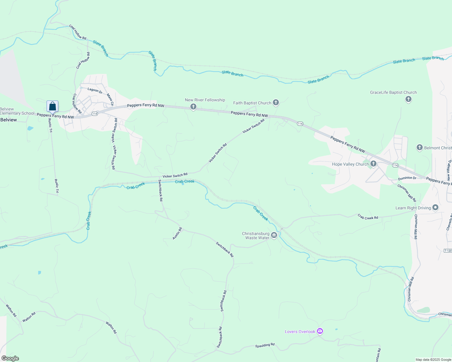 map of restaurants, bars, coffee shops, grocery stores, and more near 284 Easy Street in Christiansburg