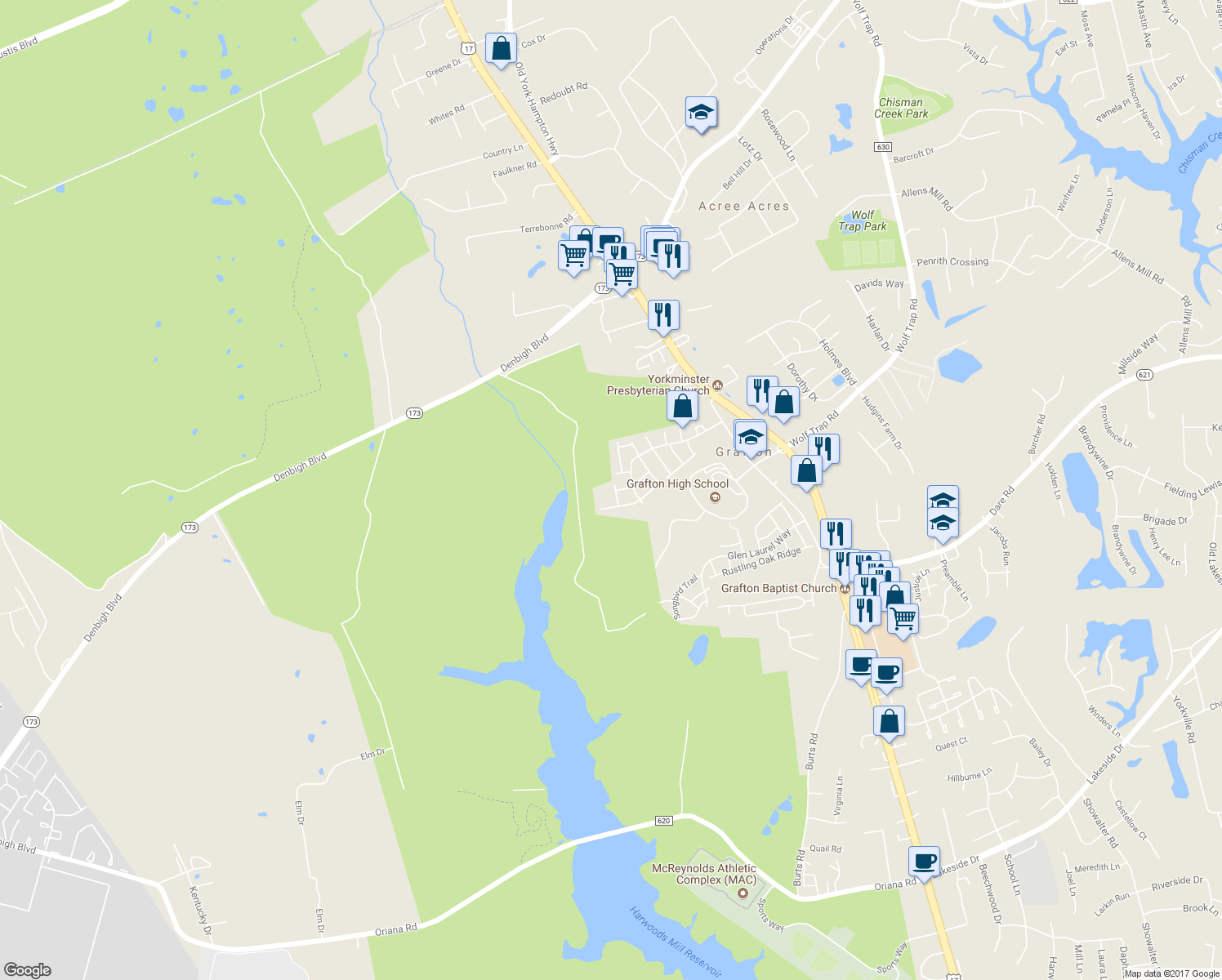 map of restaurants, bars, coffee shops, grocery stores, and more near 117 Monarch Glade in Yorktown
