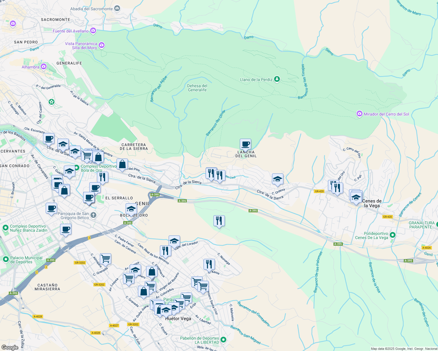 map of restaurants, bars, coffee shops, grocery stores, and more near 43 Calle la Iruela in Granada