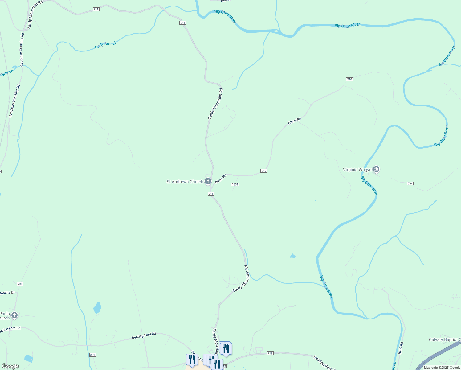 map of restaurants, bars, coffee shops, grocery stores, and more near 85 Gibson Road in Altavista