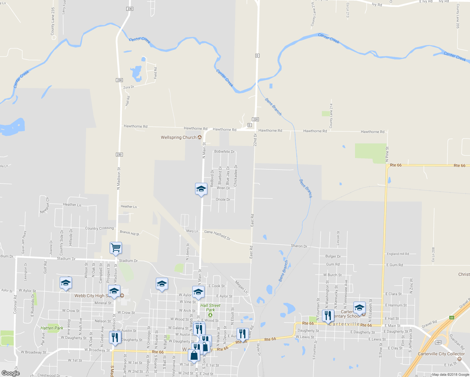 map of restaurants, bars, coffee shops, grocery stores, and more near Chickadee Drive in Webb City