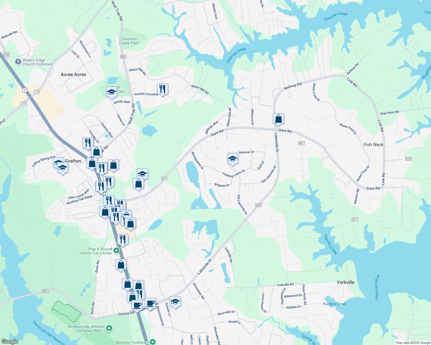 map of restaurants, bars, coffee shops, grocery stores, and more near 200 Fielding Lewis Dr in Yorktown