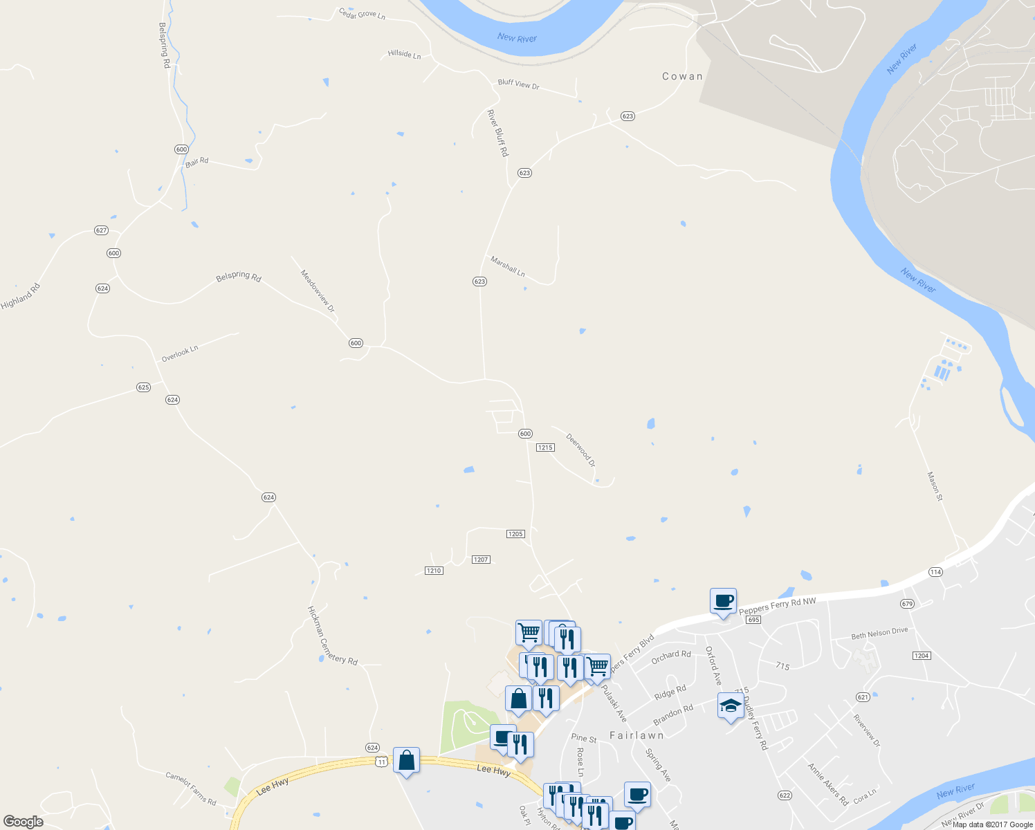 map of restaurants, bars, coffee shops, grocery stores, and more near 6441 Belspring Road in Radford