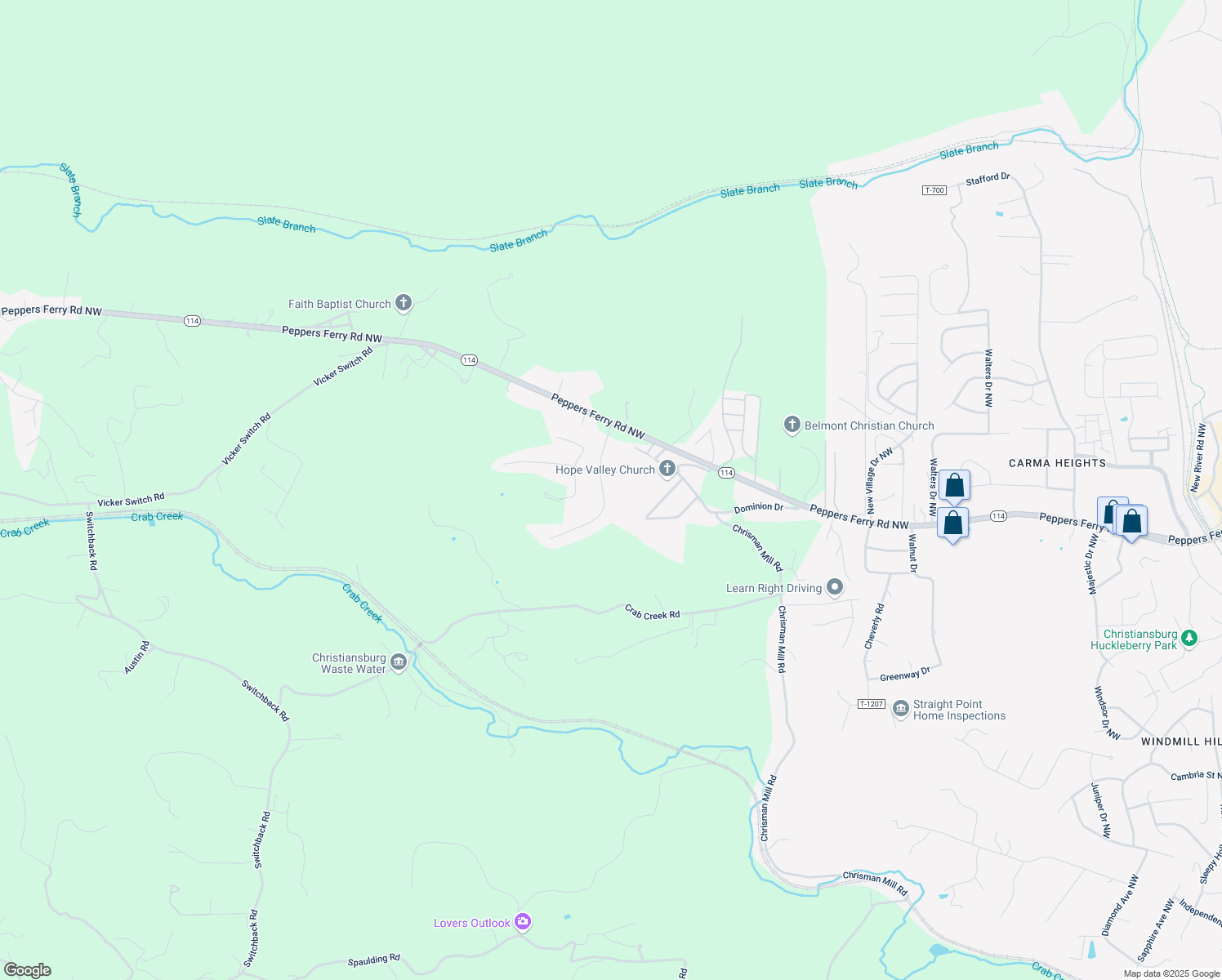 map of restaurants, bars, coffee shops, grocery stores, and more near 248 Rolling Hills Drive in Christiansburg