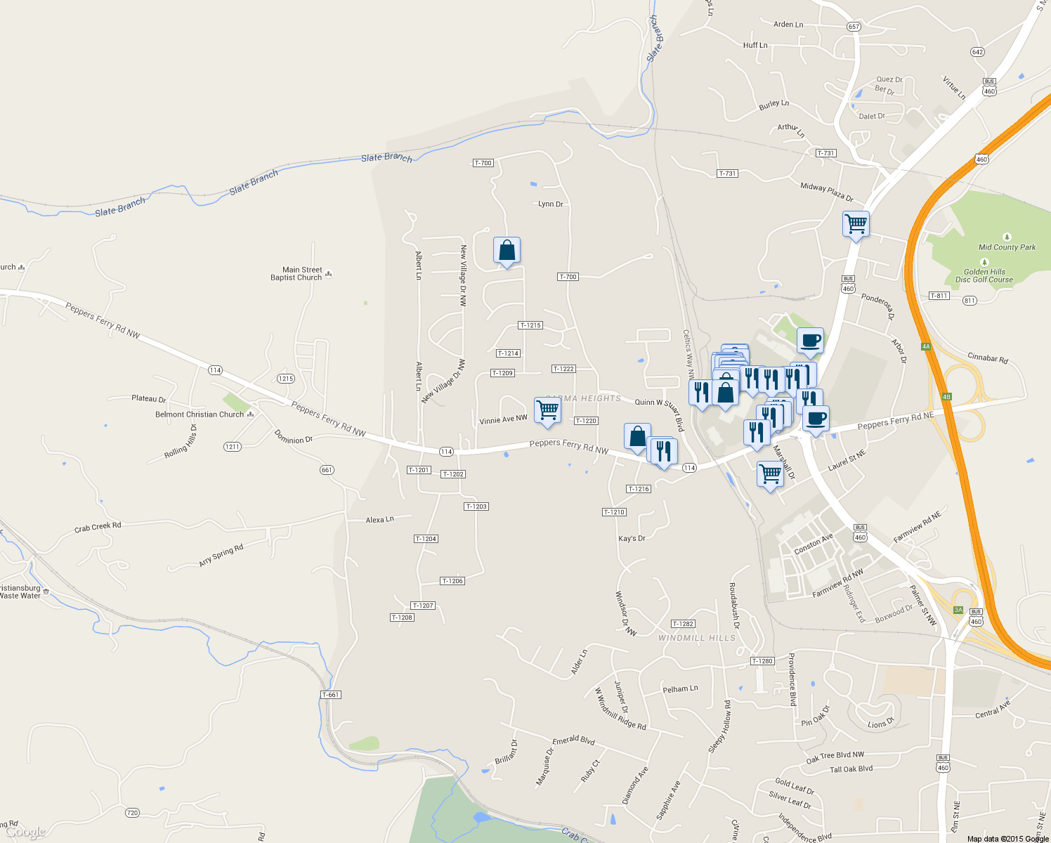 map of restaurants, bars, coffee shops, grocery stores, and more near 210 Vinnie Ave in Christiansburg