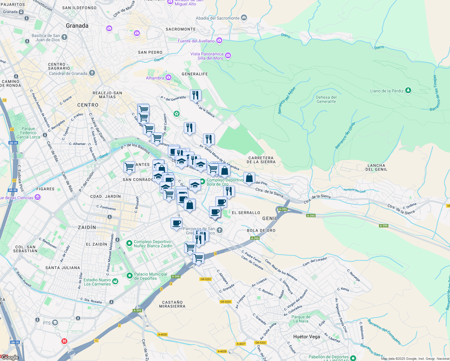 map of restaurants, bars, coffee shops, grocery stores, and more near 42B Paseo de las Palmas in Granada