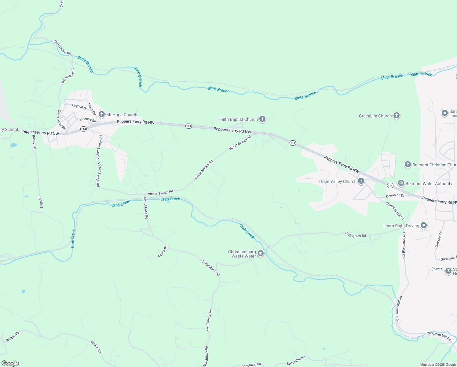 map of restaurants, bars, coffee shops, grocery stores, and more near 208-228 Easy Street in Christiansburg
