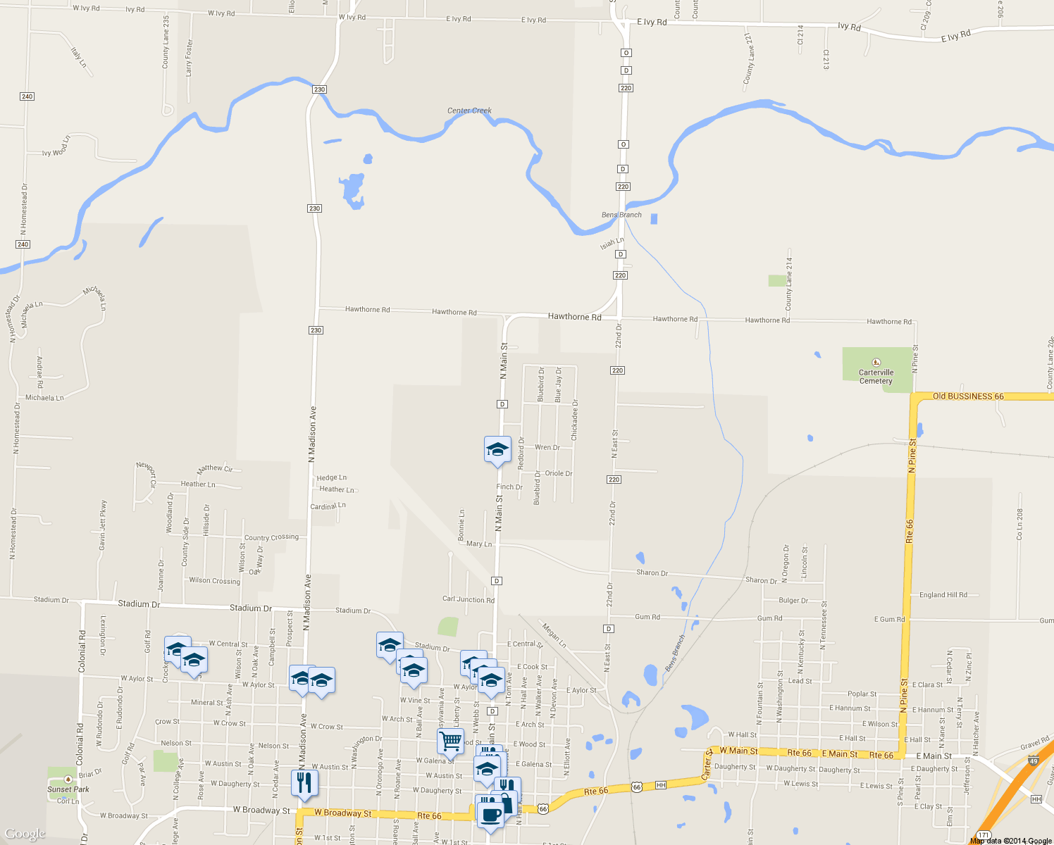 map of restaurants, bars, coffee shops, grocery stores, and more near 1925 Redbird Drive in Webb City