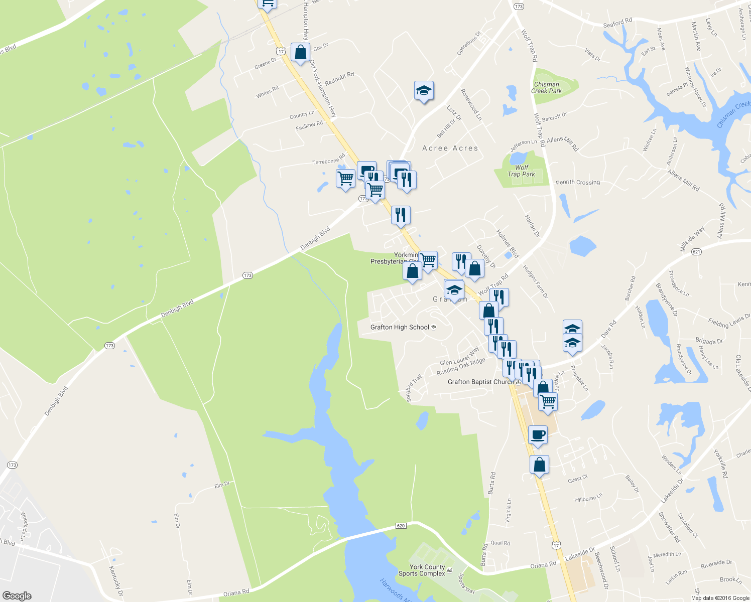 map of restaurants, bars, coffee shops, grocery stores, and more near 139 Barn Swallow Ridge in Yorktown