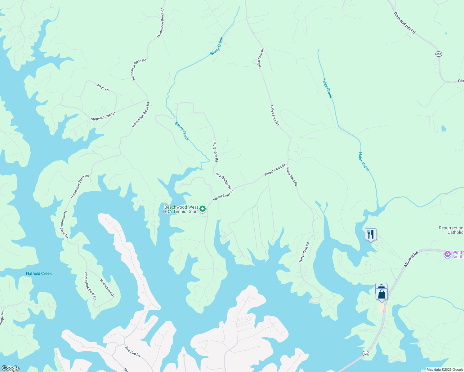 map of restaurants, bars, coffee shops, grocery stores, and more near 101 Gap Bridge Road in Moneta