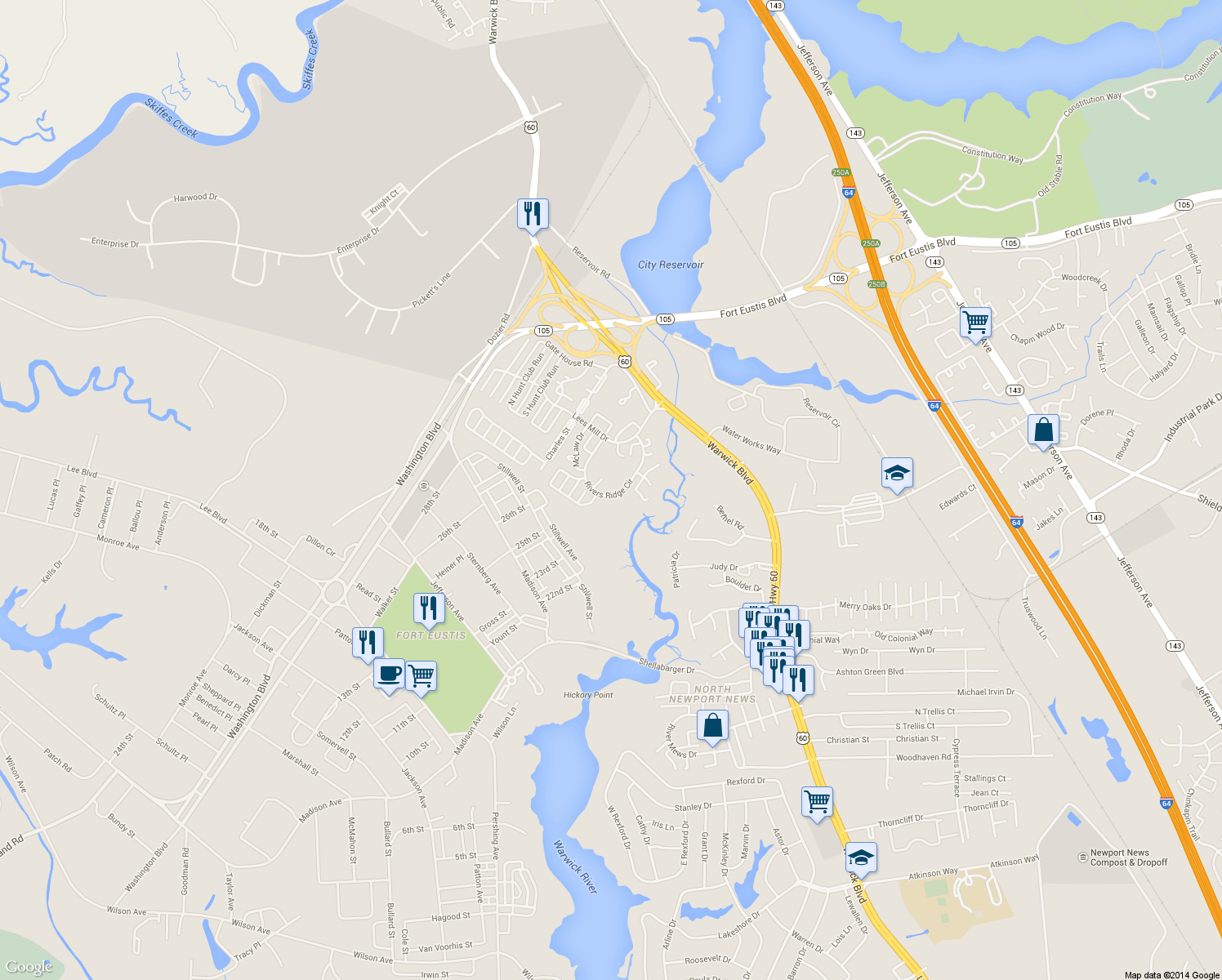 map of restaurants, bars, coffee shops, grocery stores, and more near 351 Rivers Ridge Circle in Newport News