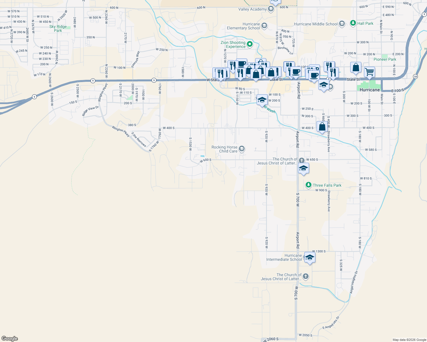 map of restaurants, bars, coffee shops, grocery stores, and more near 729 South 1360 West in Hurricane